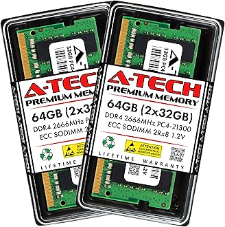 A-Tech 64GB (2x32GB) DDR4 2666MHz PC4-21300 (PC4-2666V) CL19 ECC SODIMM 2Rx8 1.2V 260-Pin RAM Memory for Microserver, Workstation, and Networking Platforms