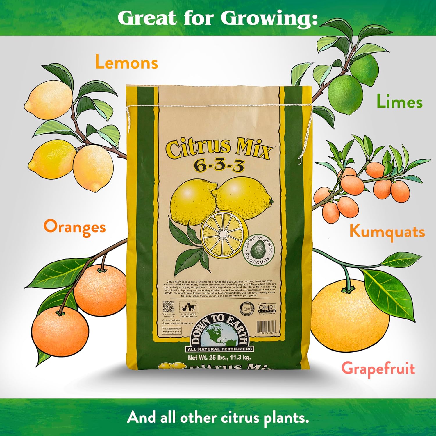 Down To Earth All Natural Fertilizers Organic Citrus Mix - Plant Food for Lemons, Limes, Oranges and Avocados 6-3-3, 25 lb