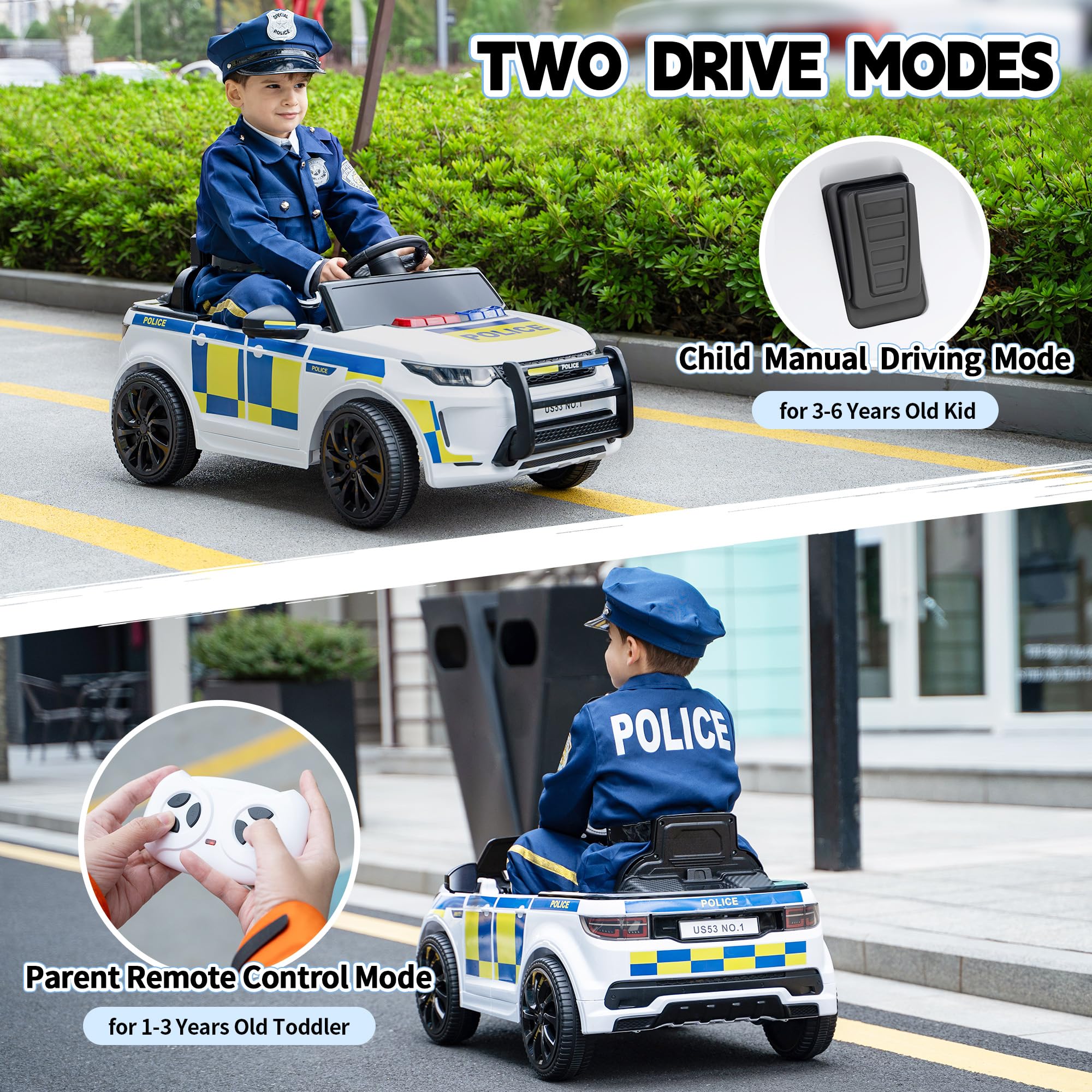 TOBBI Auto della polizia elettrica per bambini, giocattolo da poliziotto alimentato a batteria, 27 W, veicolo a 4 ruote con telecomando per genitori/soft start/3 velocità/clacson e LED, per bambini da