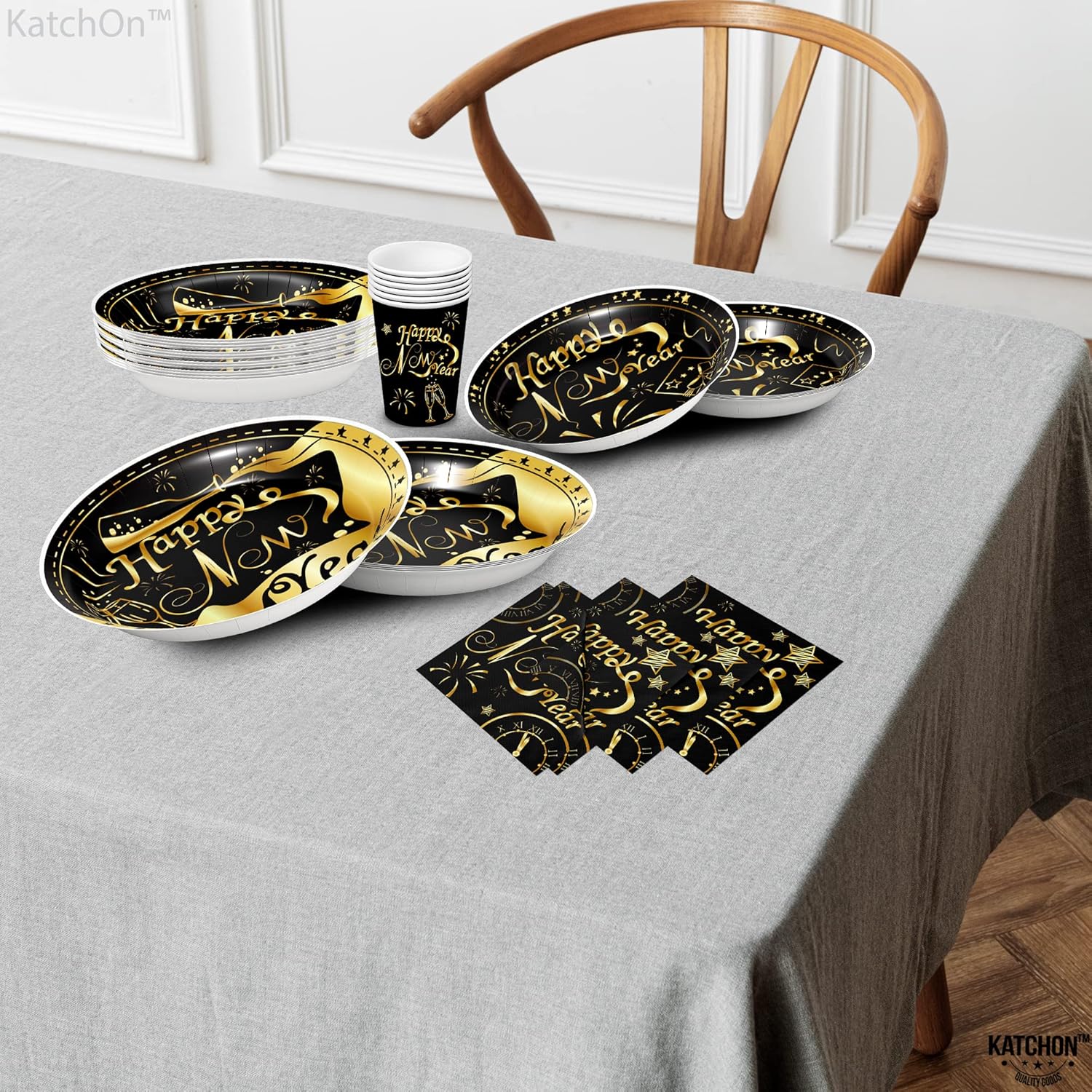 Happy New Year Tablecloth -108x54 Inch, Pack of 3 | Happy New Year Tableware Set | Happy New Year Decorations 2024 | New Years Eve Paper Plates, Napkins | Dinnerware Set for New Years Eve Dinner Party