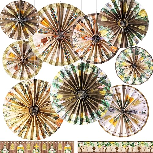 Outus 9 piezas de decoración de la primera comunión para fanáticos de papel, decoración colgante de cruz, abanicos de papel, decoraciones de