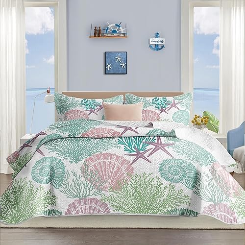 Miniatura 15 de Tritard Juego de edredón costero de 3 piezas tamaño King, edredones reversibles de microfibra con 2 fundas de almohada, ropa de cama de playa suave
