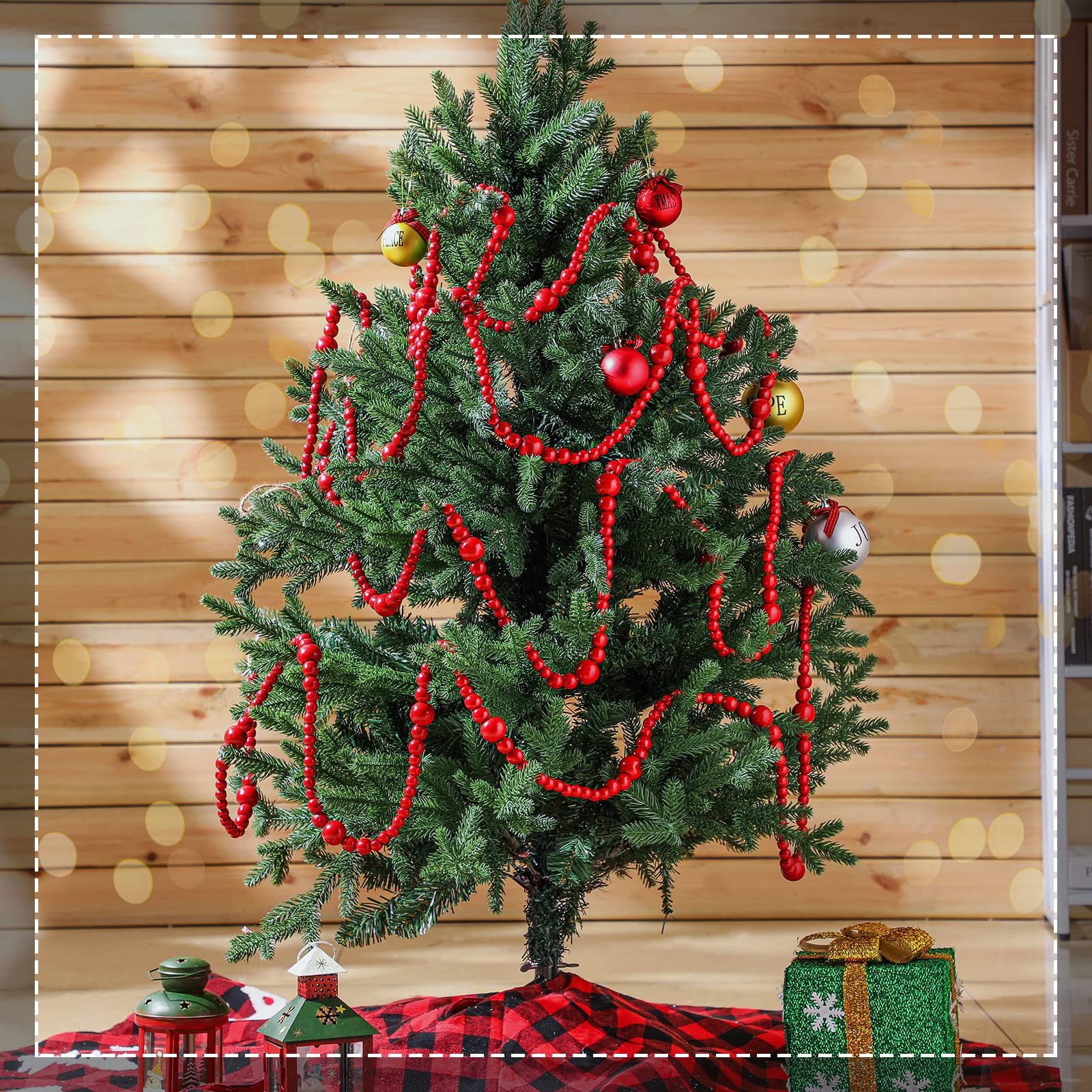 Yinder 4 Stück 122 m Weihnachtsgirlande aus Holzperlen, Dekoration, 3.6 m, Bauernhaus-Perlen, Wandbehang, rustikale Holzperlen, Girlande, Boho, Weihnachtsbaum, Kamin, Zuhause (dunkelrot)