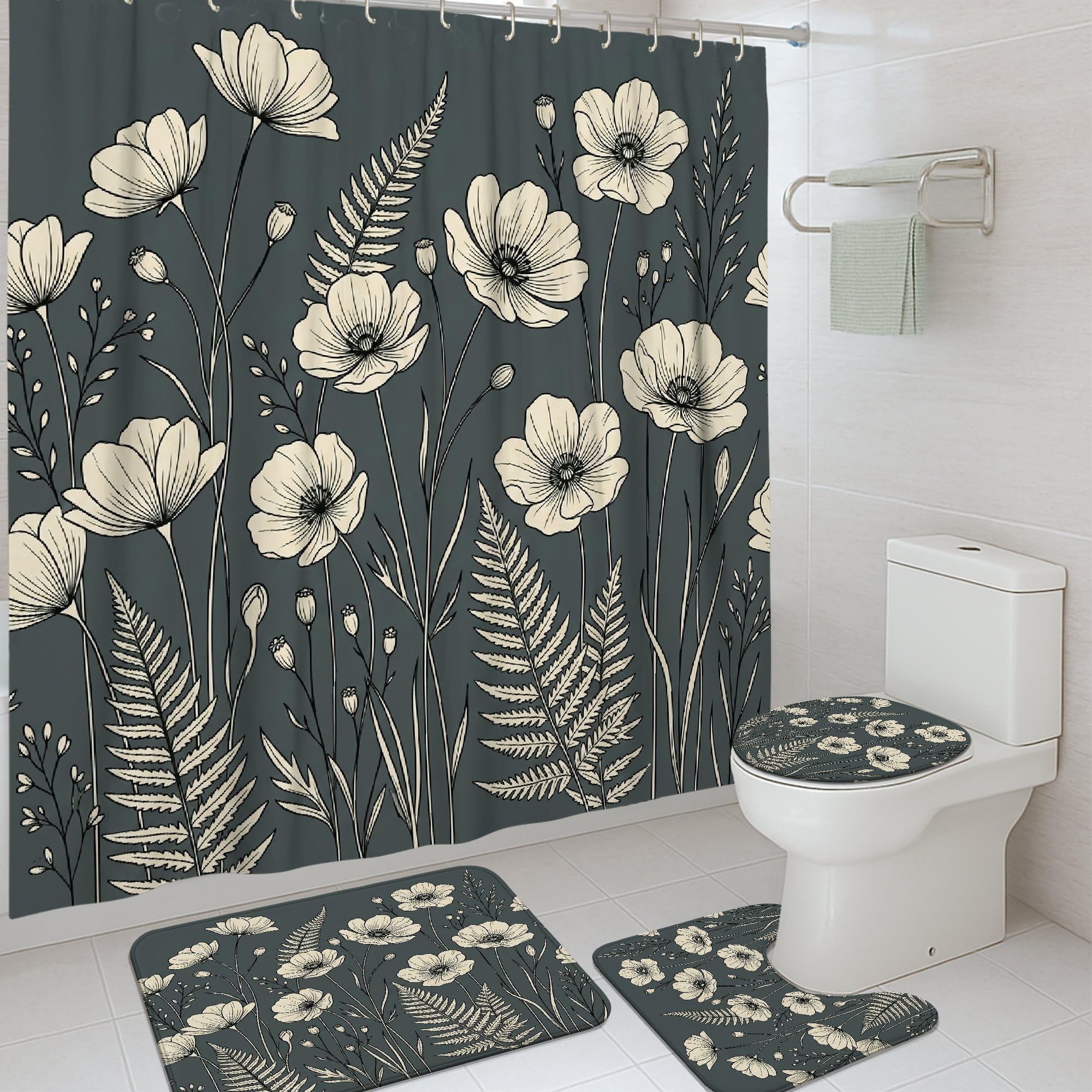 Rideau de douche et tapis pour chambre d'amis au style floral moderne