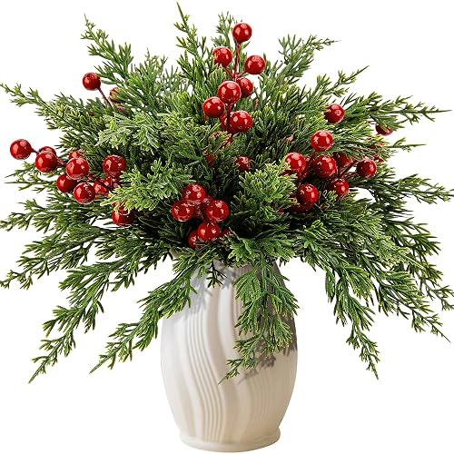 Watayo 45 Pcs Christmas Artificial Pine Branches with Red Berry