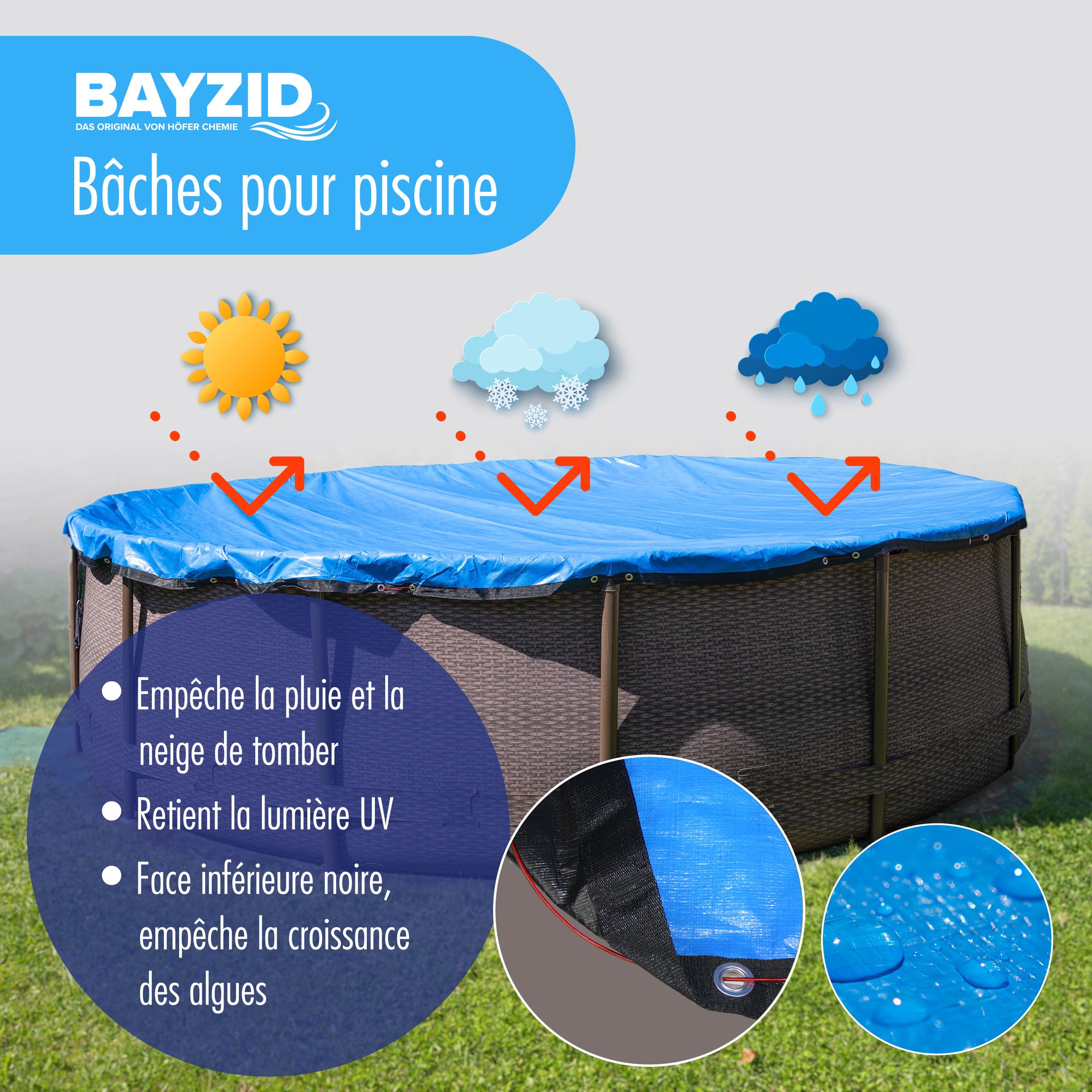 Höfer Chemie Bâche de Piscine Robuste, Ronde, Diamètre 4,4 m, 200 g/m² | Bâche d'Été et d'Hiver pour Piscines Rondes Jusqu'à 3,6 m de Diamètre - Résistante aux Intempéries et UV