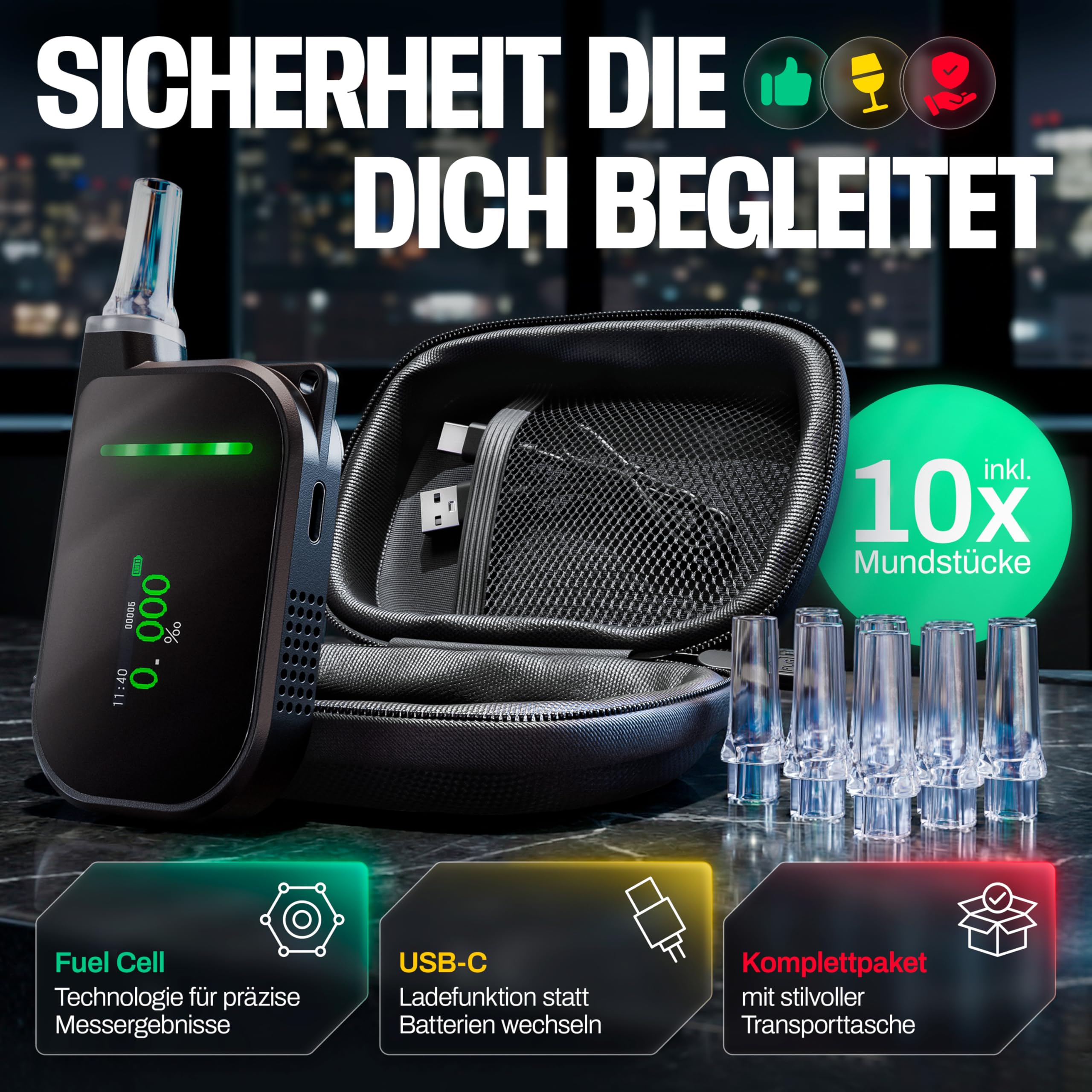 ALCORA T1 Premium Alkoholtester Set mit 10 Mundstücken & Hardcase - Kompaktes Promillemessgerät im Keychain-Design - Elektrochemischer Alkotester mit USB-C Akku (400+ Tests) - Fuel Cell Promilletester