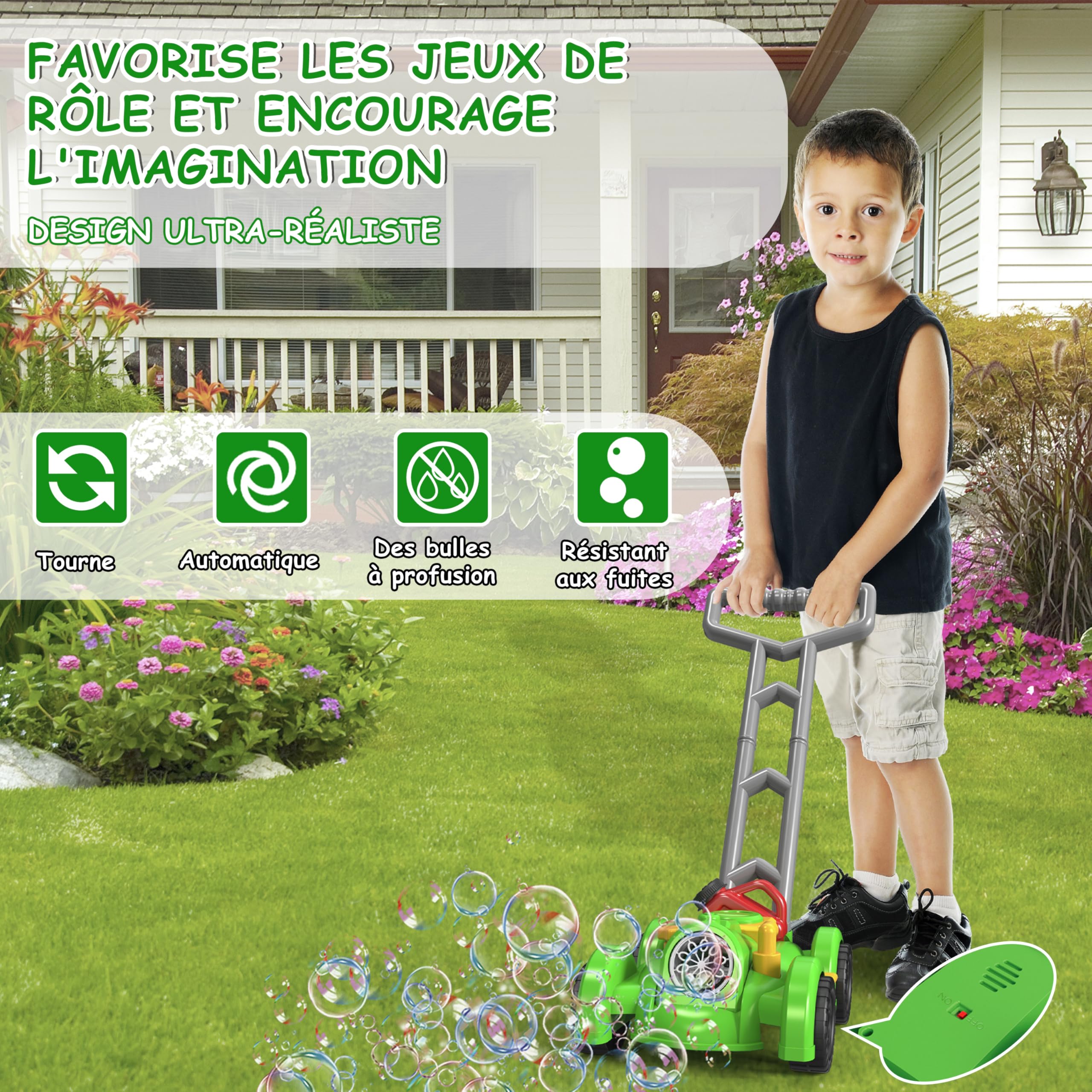 Herefun Tondeuse à Bulles Enfant, Machine à Bulles Automatique, Soufflante à Bulles Automatique Alimentée par Pile, Tondeuse à Gazon Jouet pour Activités en Plein Air Enfant (Vert)