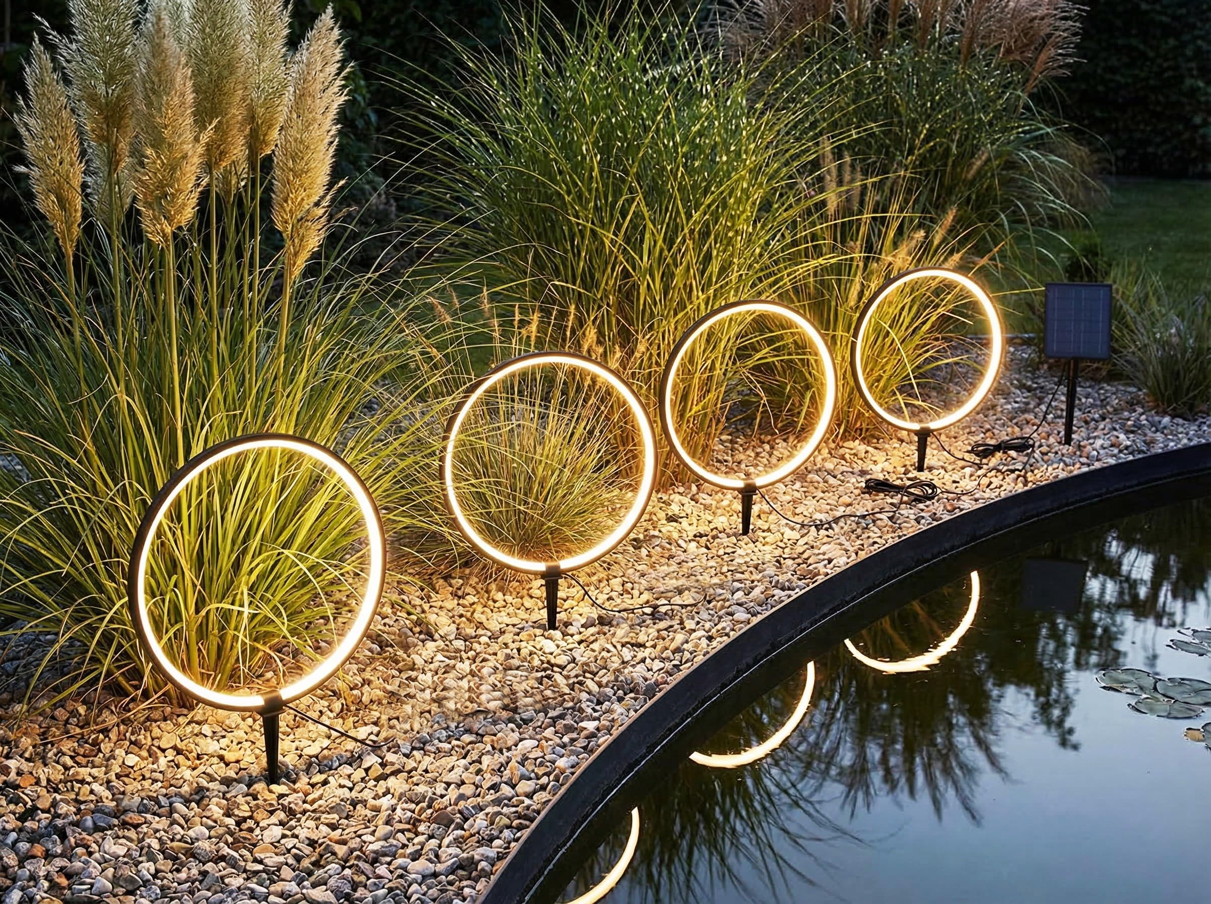 Arnusa Solar Gartenleuchten LED Solar Gartenstecker modern, Solarleuchte Garten Leuchtringe Design warmweiß, Aluminium (4)