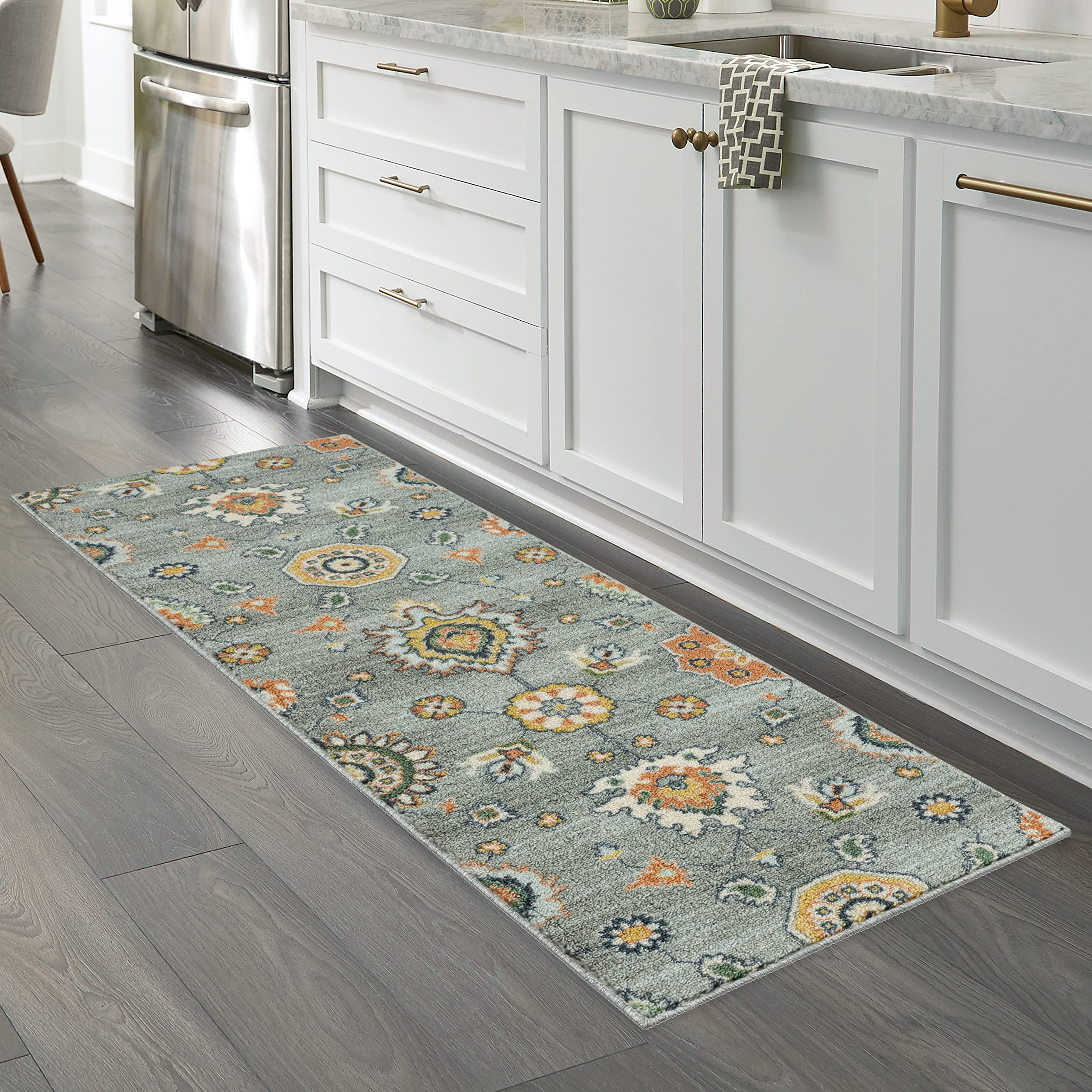 Maples Rugs Fleur Contemporary Motif Hallway Entryway Runner Non Skid Runner Rug [Made in USA], Radiant Grey, 2' x 6'