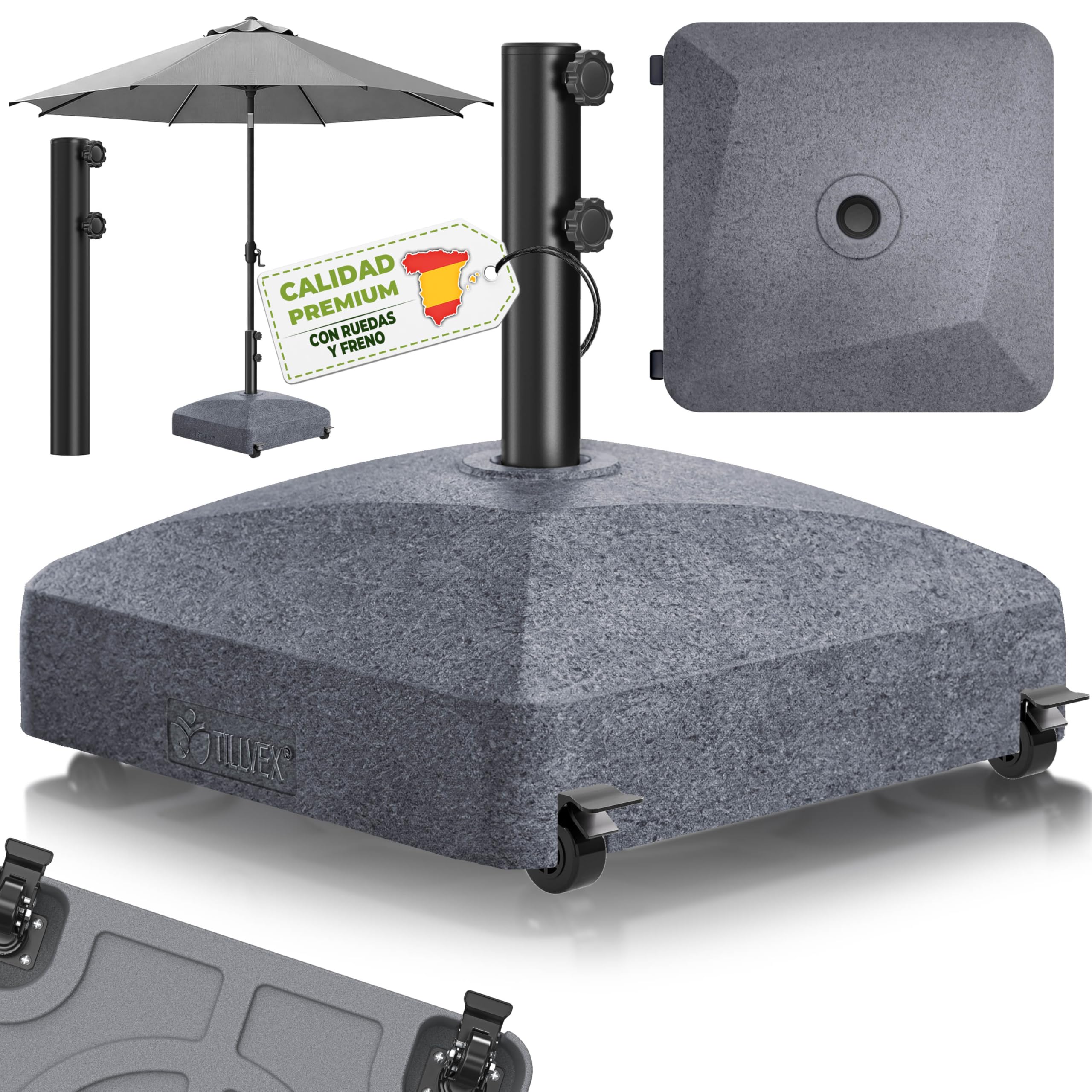 tillvex® Base de sombrilla GRAVIA con Ruedas y Frenos | Soporte de lastre rellenable 37L / 56kg | Pie para Parasol y sombrilla de Mercado Ø 1,8-3,7m | Resistente a la Intemperie y UV (Gris) — view 12