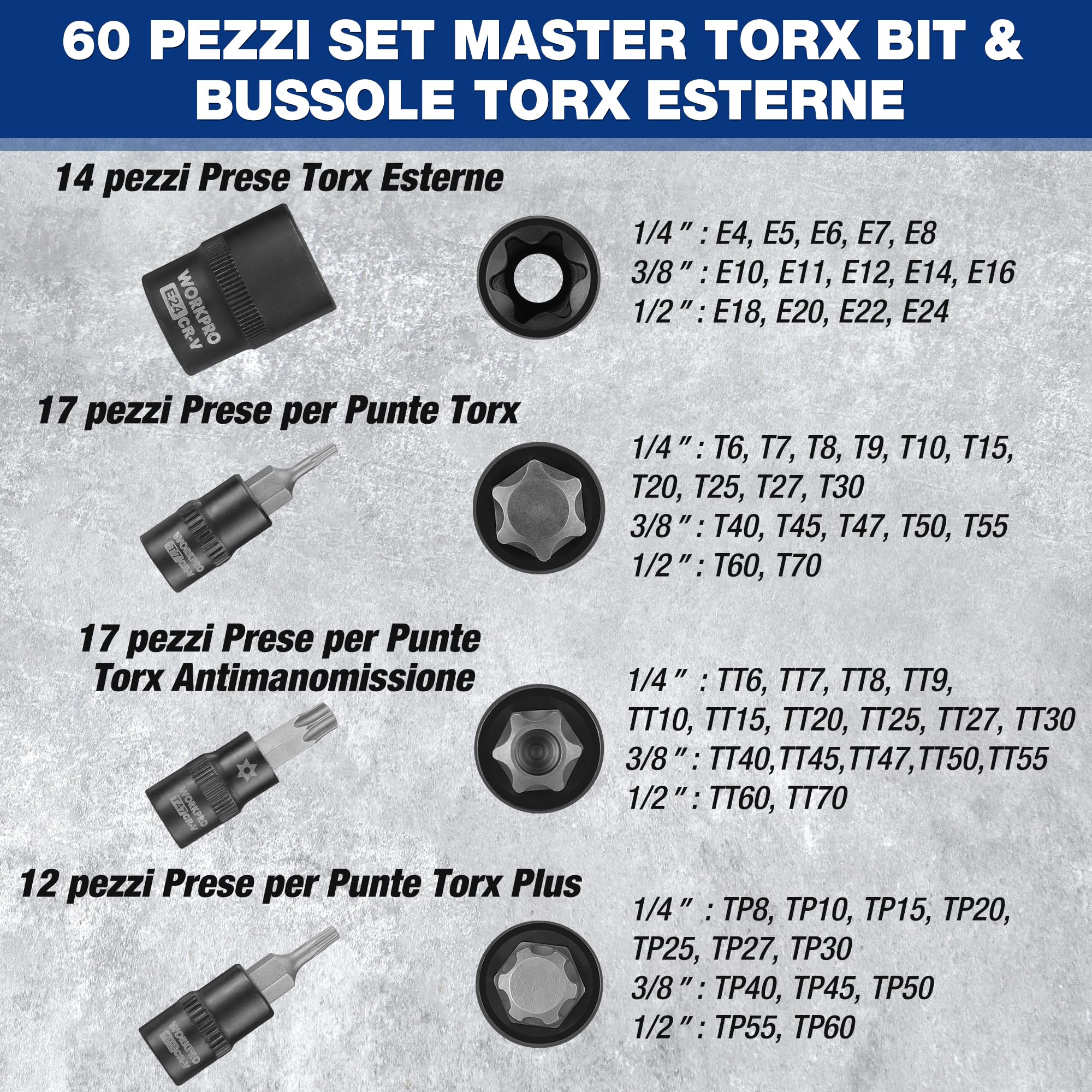 WORKPRO Chiavi a Bussola Torx da 60 Pezzi, 1/4", 3/8", 1/2" Attacco, T6-T70, TT6-TT70, TP8-TP60, E4-E24, con Scatola di Conservazione