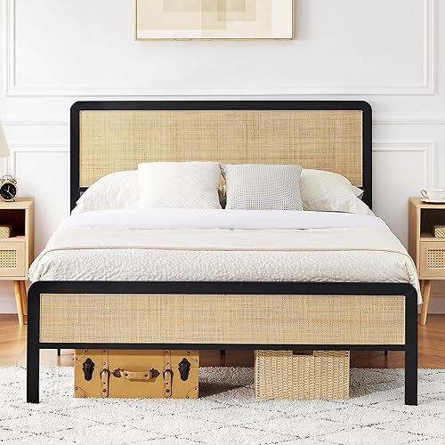 IDEALHOUSE Base de cama tamaño Queen con cabecera de ratán y estribo, marco de cama de plataforma con esquinas redondeadas seguras, soporte de