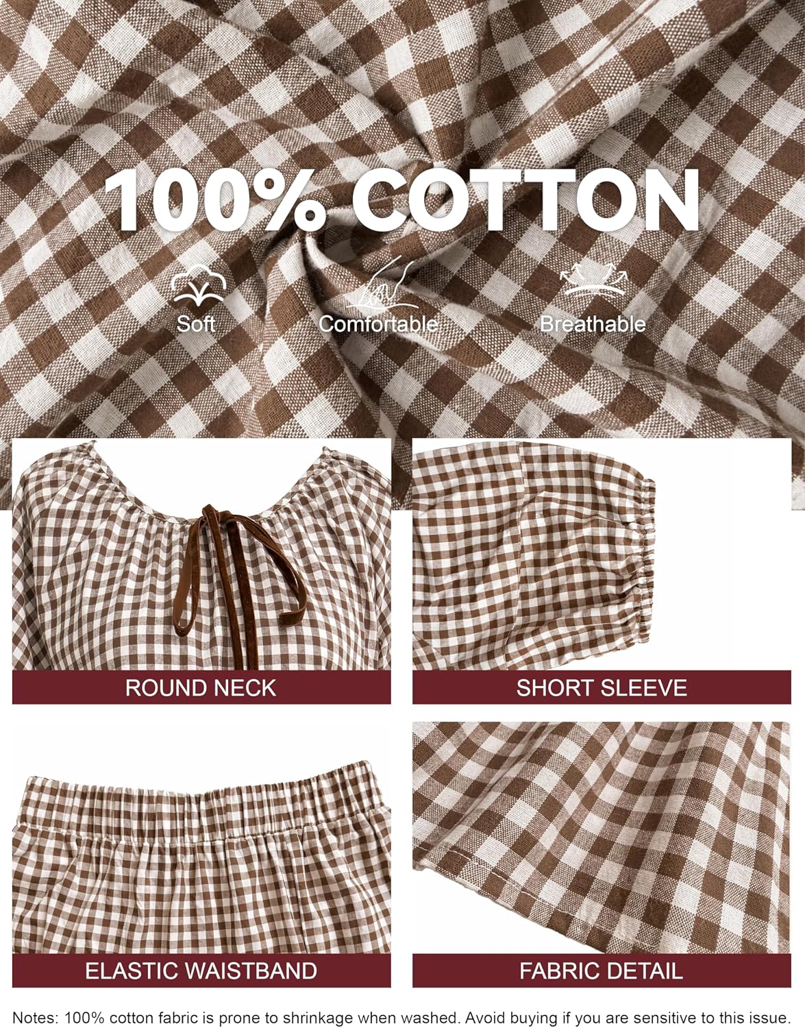 Womens Gingham 2 Piece Set Tie Front Puff Sleeve Midi Skirt