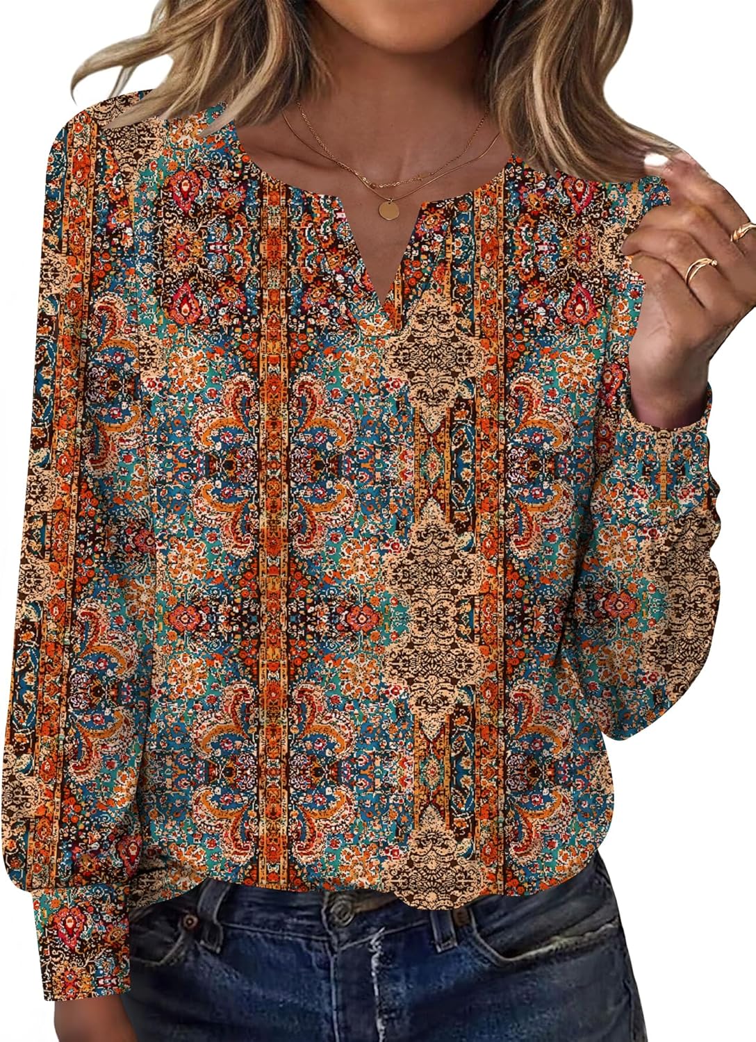 Ivicoer Womens Long Sleeve Shirts V Neck Tops Business Casual Outfits Loose Fit Blouses 2025 Trendy Fall Clothes Retro Print X-Large - Image 1 of 6