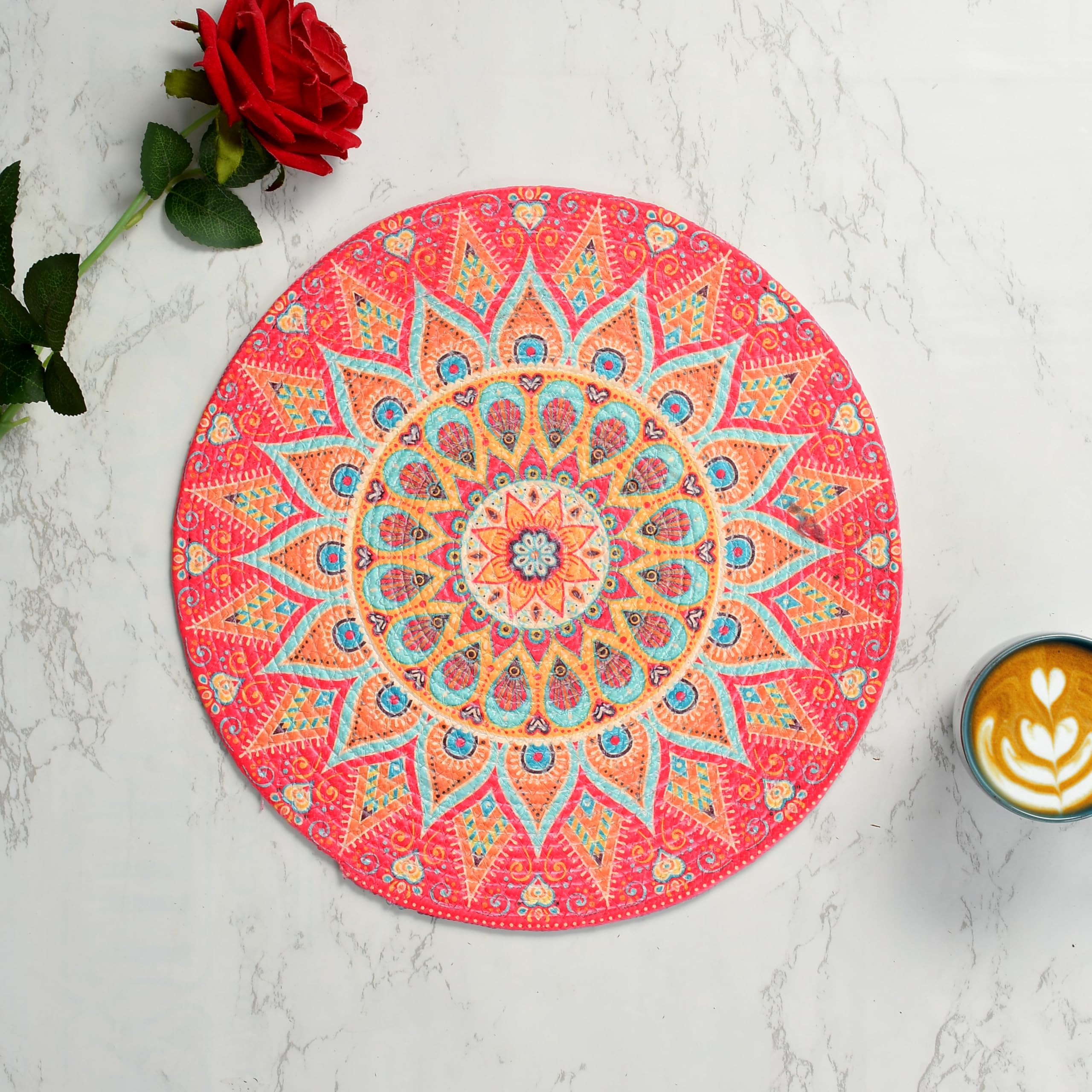 LaVichitra Cotton Table Placemat | Dining Table Mat | Bed Side Table Mat | Cotton Round Shape Placemats | Washable PlaceMat for Shelves & Plant Pots - Pack of 1, Rangoli Print-picture-11