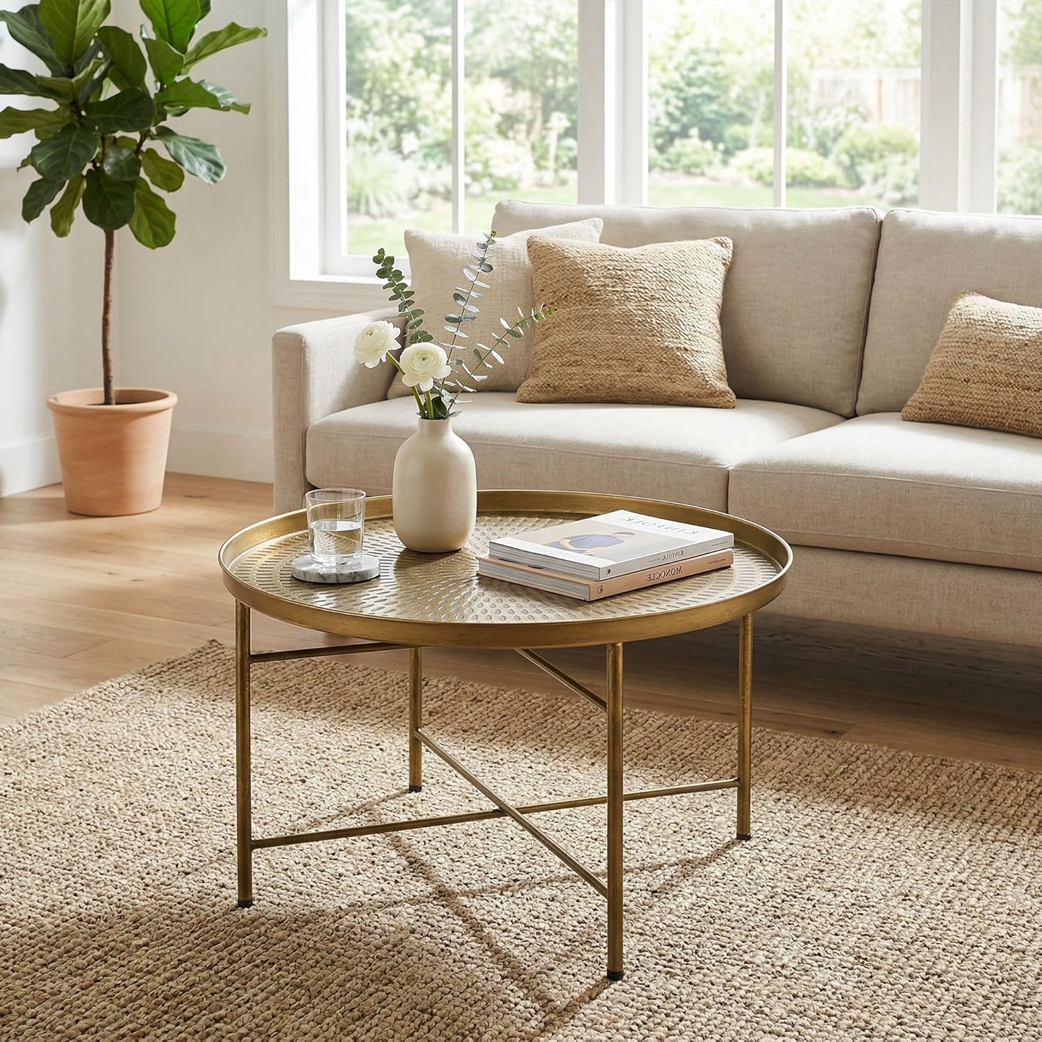 HOMCOM 24" Round Coffee Table with Hammered Drop Tray Top, Vintage Metal Center Table for Living Room, Gold