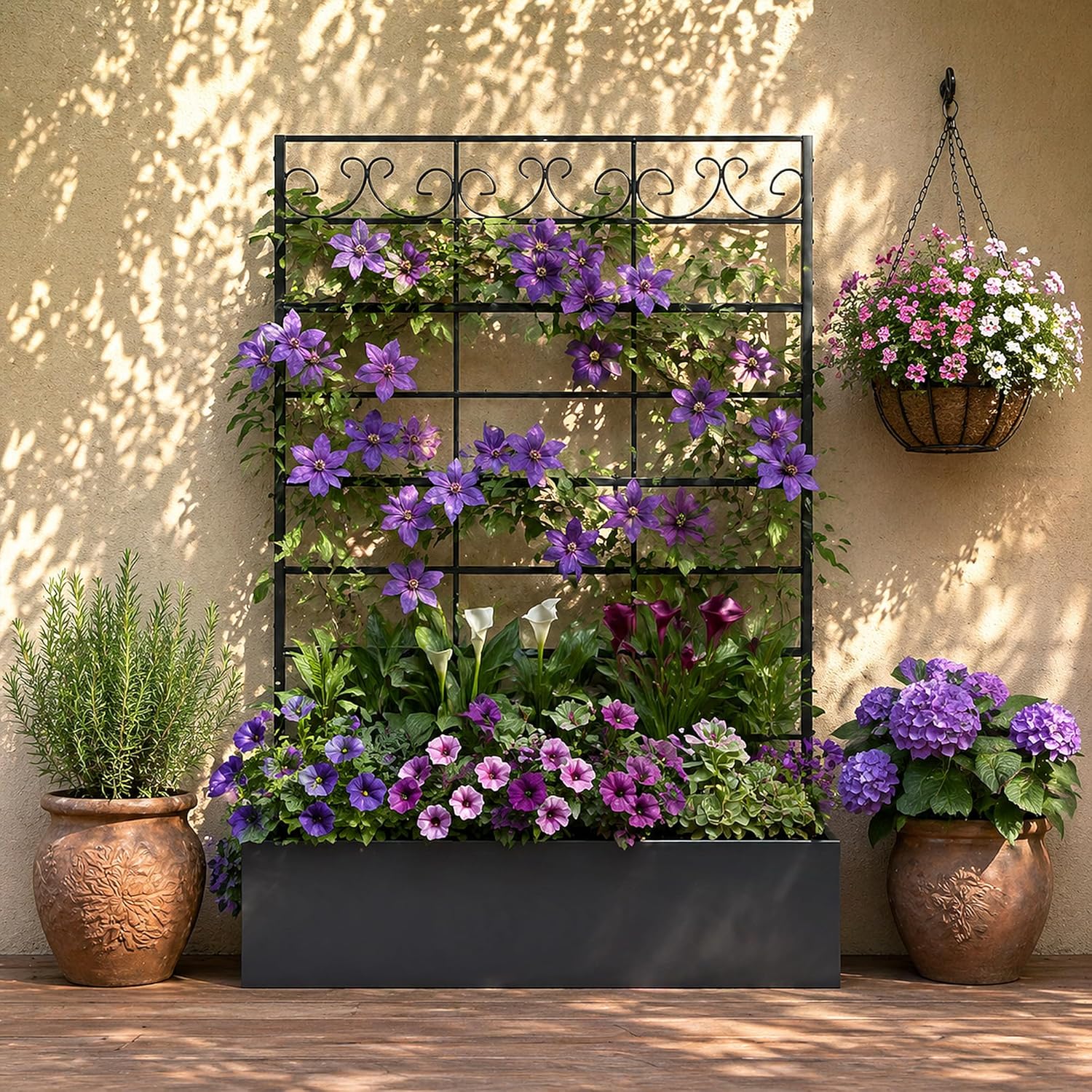 Metal Raised Planter Box with Trellis & Privacy Screen, 70.9"x 47.2"x 12"Free-Standing Garden Bed with Drainage Holes for Climbing Plants, Vegetables and Vines