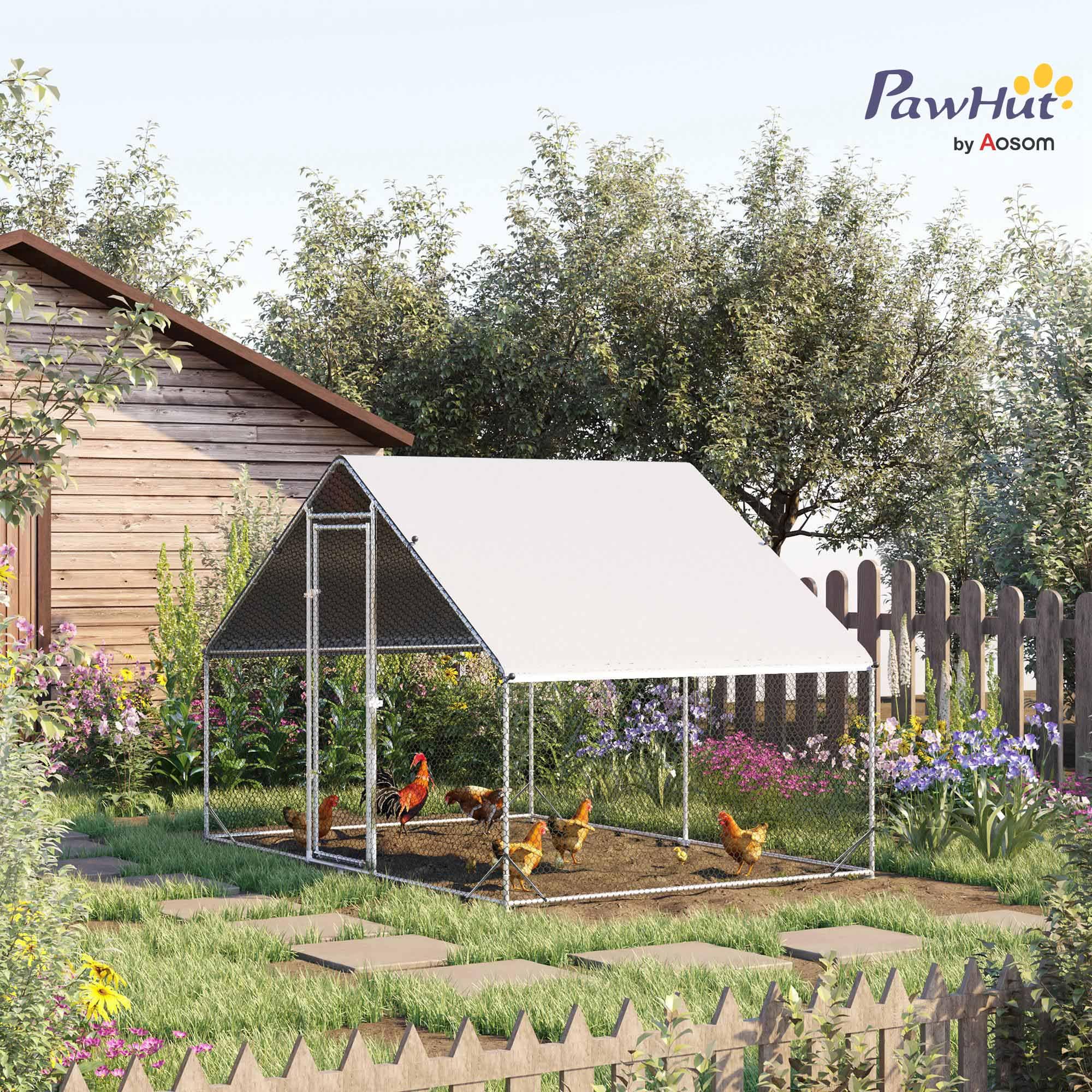 PawHut Gallinero Exterior Grande 3x2x2 m Jaula 4-6 Gallinas Acero Galvanizado Cubierta PE Cerradura Plata
