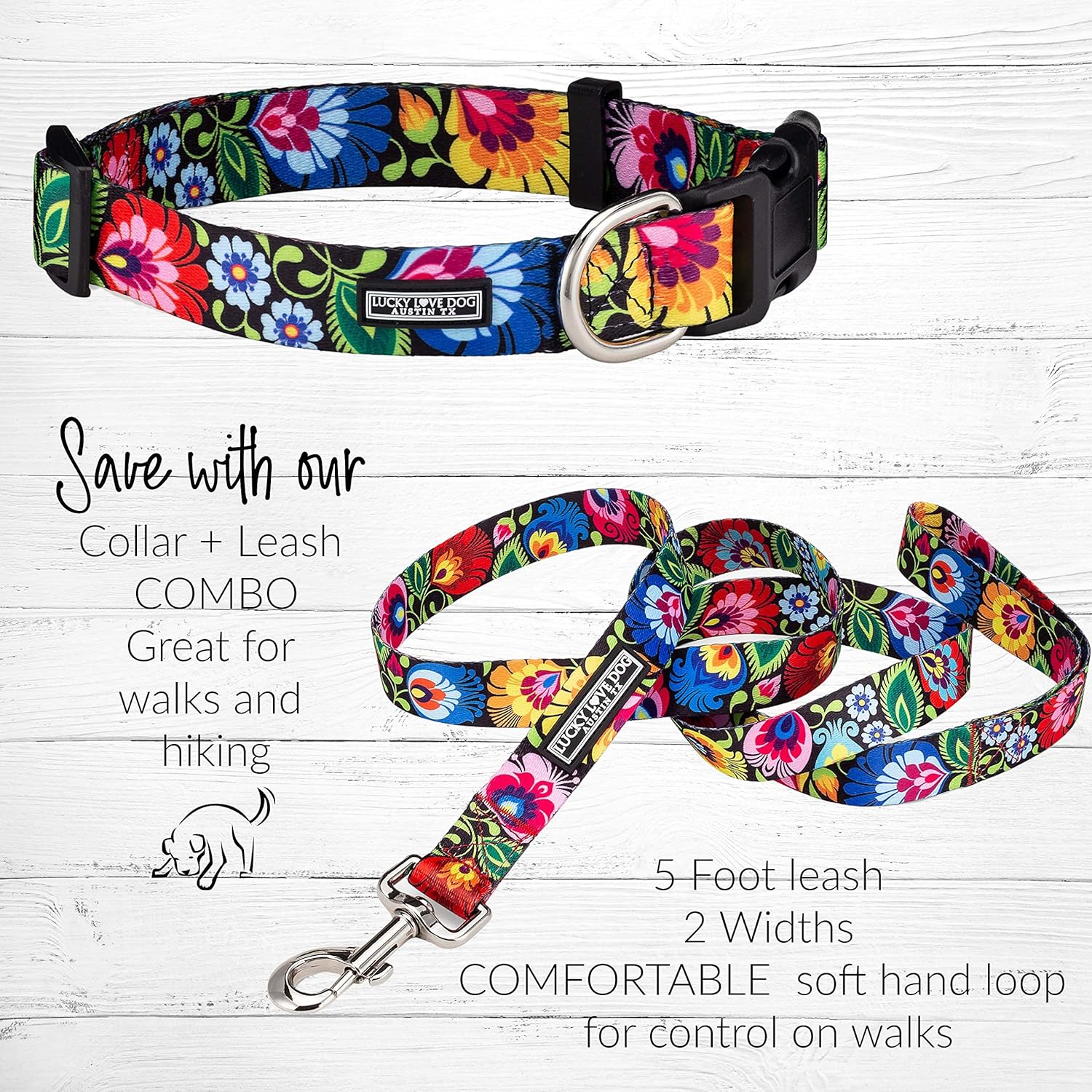 Lucky Love Dog Bundle of Matching Harness Collar and Leash, Premium No Slip Collar and Easy Walker Harness Blackbird Large
