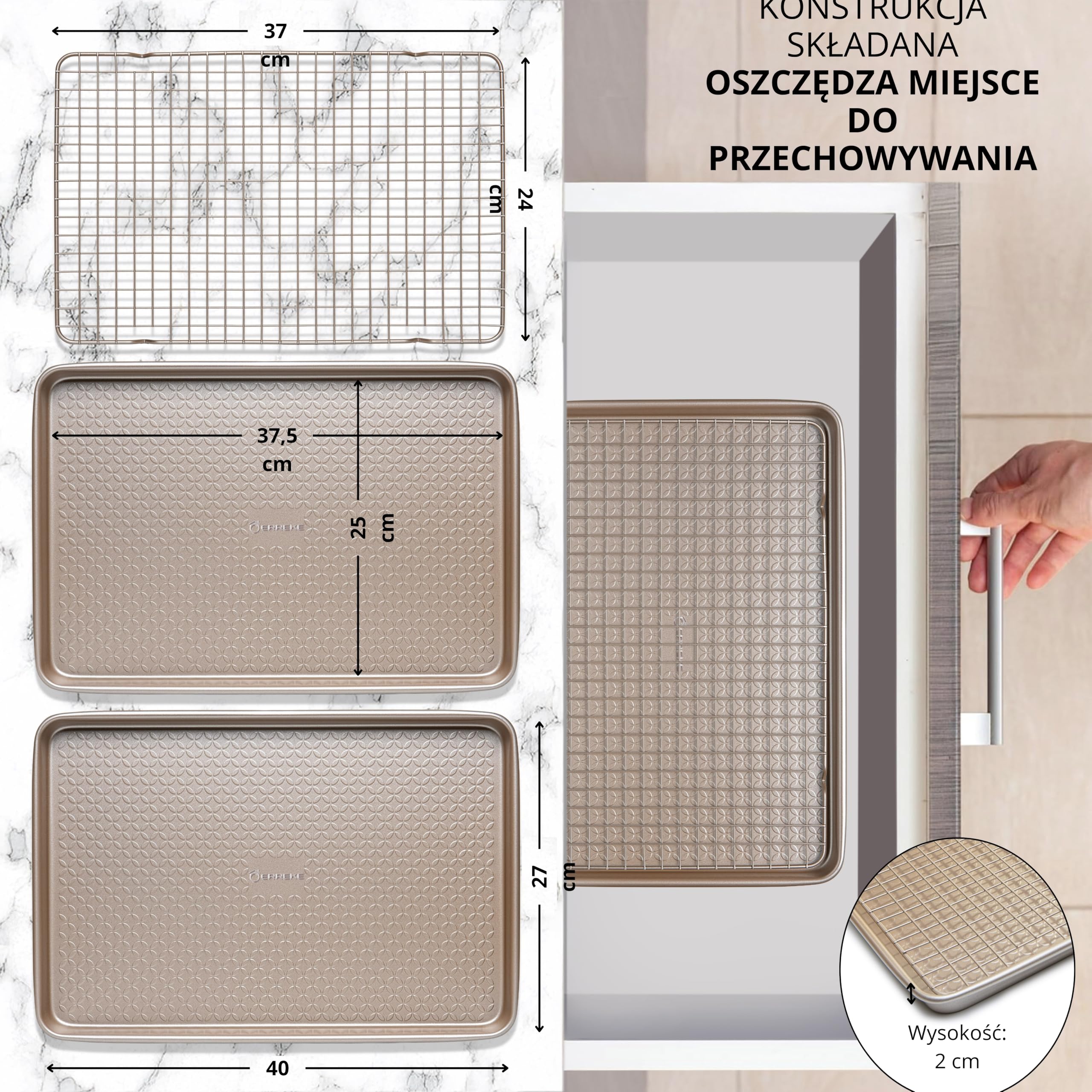 Erreke Zestaw 2 Blachy do Pieczenia i Ruszt, Stal Węglowa, Podwójna Powłoka | 40x27x2,4 cm. Stal Węglowa Heavy Duty. Powierzchnia we Wzór Diamentu. Zestaw Blach z Rusztem. Do Pieczenia i Zapiekania
