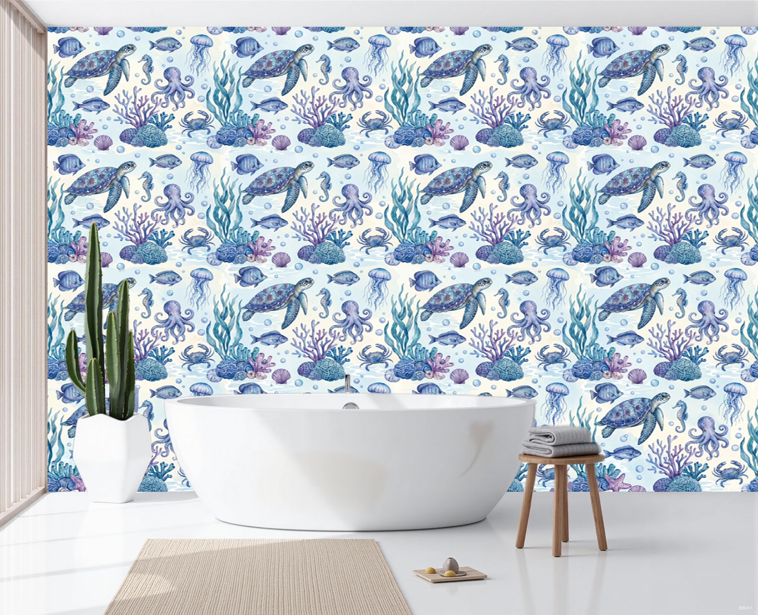 Papier peint panoramique bleu tortue aquarelle pour fond tv et grand salon
