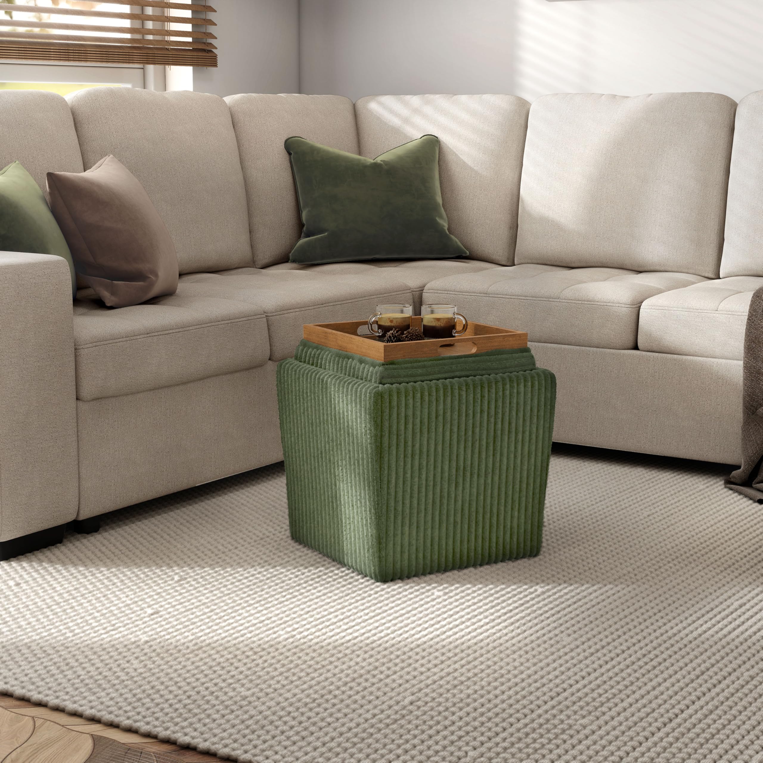 Furniture of America Lennox Modern Chenille 17-inch Square Storage Ottoman with Reversible Tray Top, Upholstered Footstool for Living Room, Bedroom, Entryway, Green