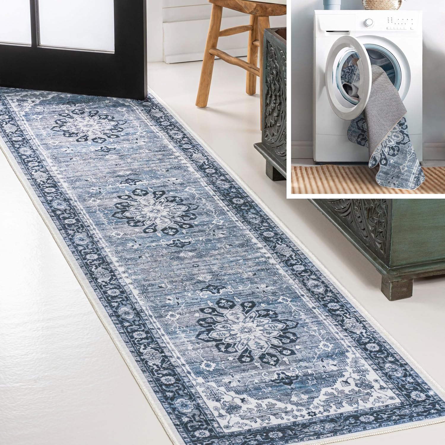 JONATHAN Y Machine Washable Blue/Cream Runner Rug 2X8 ft, ASA Ornate Medallion for Living Room, Bedroom, Kitchen, Office, Easy-Cleaning, High Traffic, Pet-Friendly, Non-Shedding (WSH108B-28)