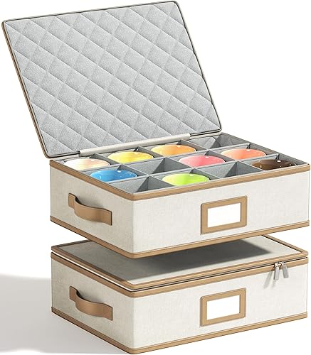 Mug Storage Box with Leather Trim, Hard Shell Stackable Coffee Mug Organizer with Dividers, Cup Storage Containers with Lid, Handles & Zipper for