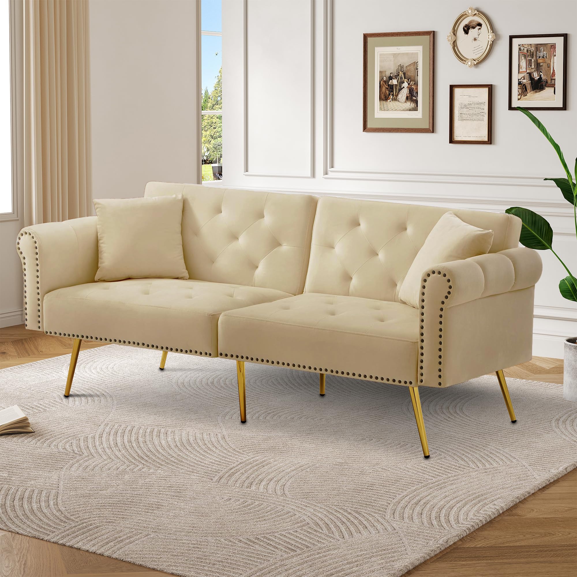BTM Modern 2-Seater Sofa Bed – Velvet Upholstery, 3-Stage Adjustable Backrest & Gold-Plated Metal Feet Stylish Sofa with Sleeping Function – Space-Saving, Durable, Ideal for Small Spaces — image 1