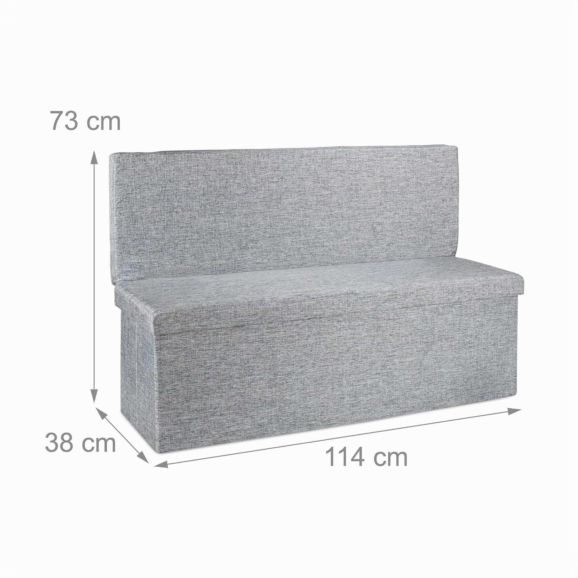 Relaxdays Tabouret de rangement pliant en lin avec dossier appui-dos coffre pouf de stockage ottoman H x l P: 73 x 114 x 38 cm repose-pieds banc de rangement avec couvercle, gris