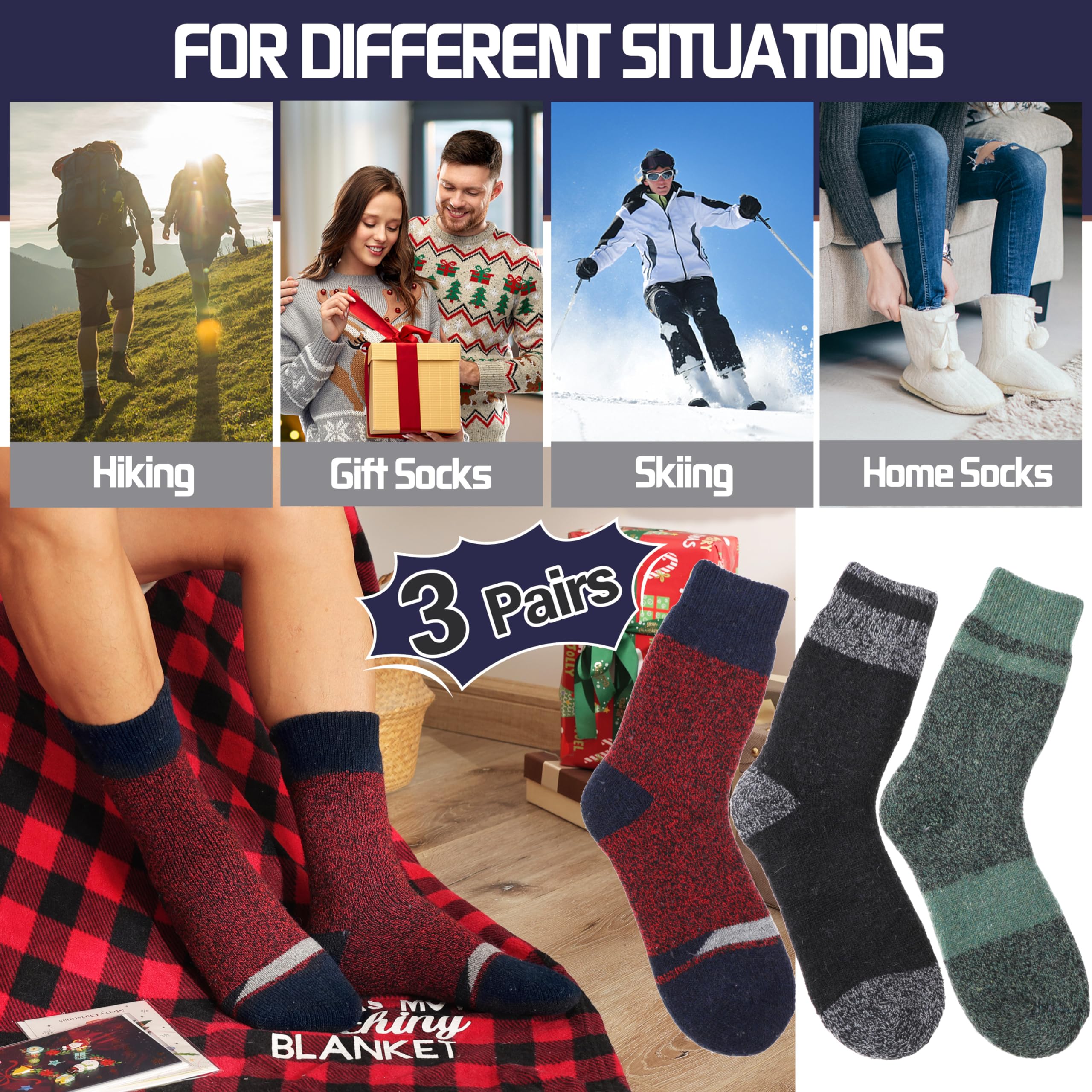 MOGGEI Calcetines Esquí Térmicos Hombre Y Mujer | Cálidos Y Gruesos Aislantes Para El Invierno,Ideales Para Botas De Esquí,Regalo De Calcetines,Regalos De Fin De Año,3 Pares