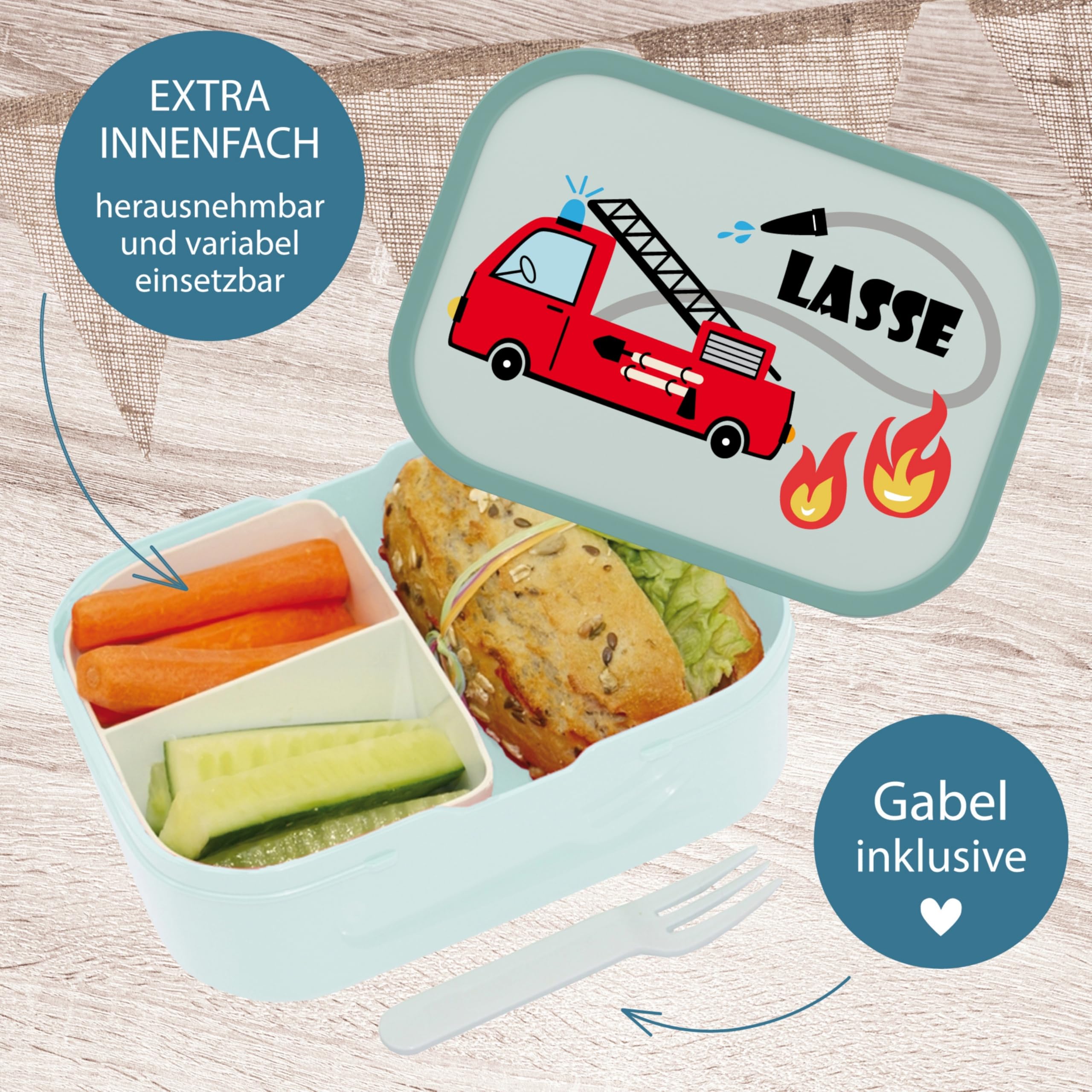 4youDesign Mepal Bento Box & Trinkflasche Set personalisiert Feuerwehrauto – Geschenk für Kinder Geburtstag - Auslaufsicher – Brotdose 750ml, 400ml Flasche (Cool Mint)