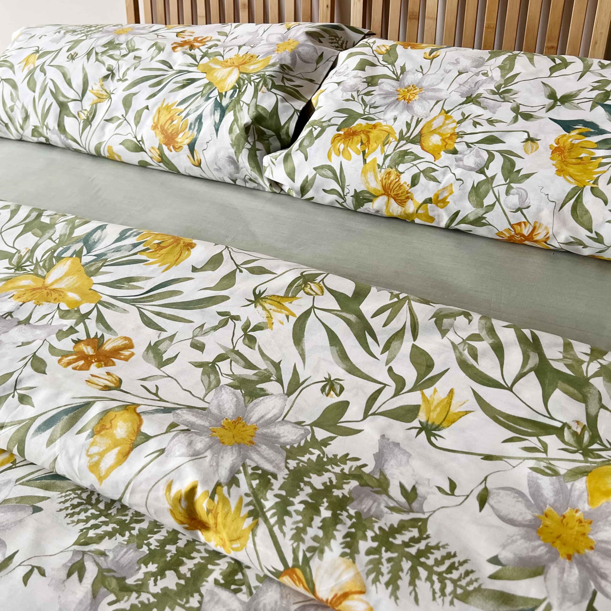 PETIT ALO Juego de Funda Nórdica Estampado Flores 100% Algodón Blanco y Amarrillo - Funda Nórdica para Cama de 90, 135 y 150 - Funda para Edredón Estampada 2 o 3 Piezas (135CM)