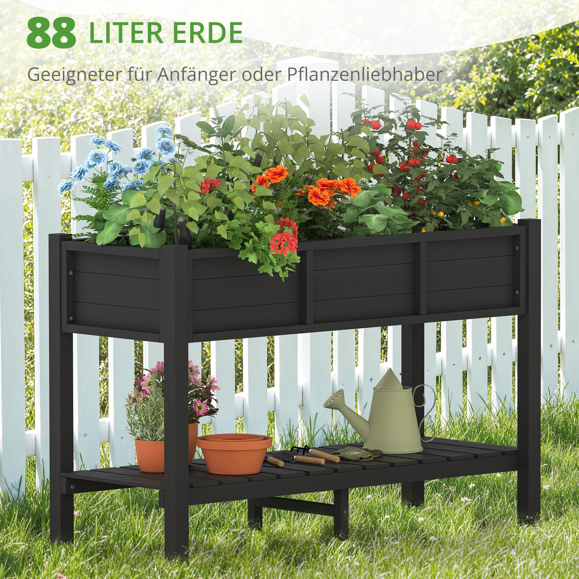 LUE BONA Hochbeet mit Werkzeugen, 113 x 45 x 73cm, HDPS - Hochbeetkasten mit Beinen und Ablagefach, wetterbeständig, 3 Jahre Garantie, für Kraut - & Gemüseanbau, Garten, Balkon, schwarz