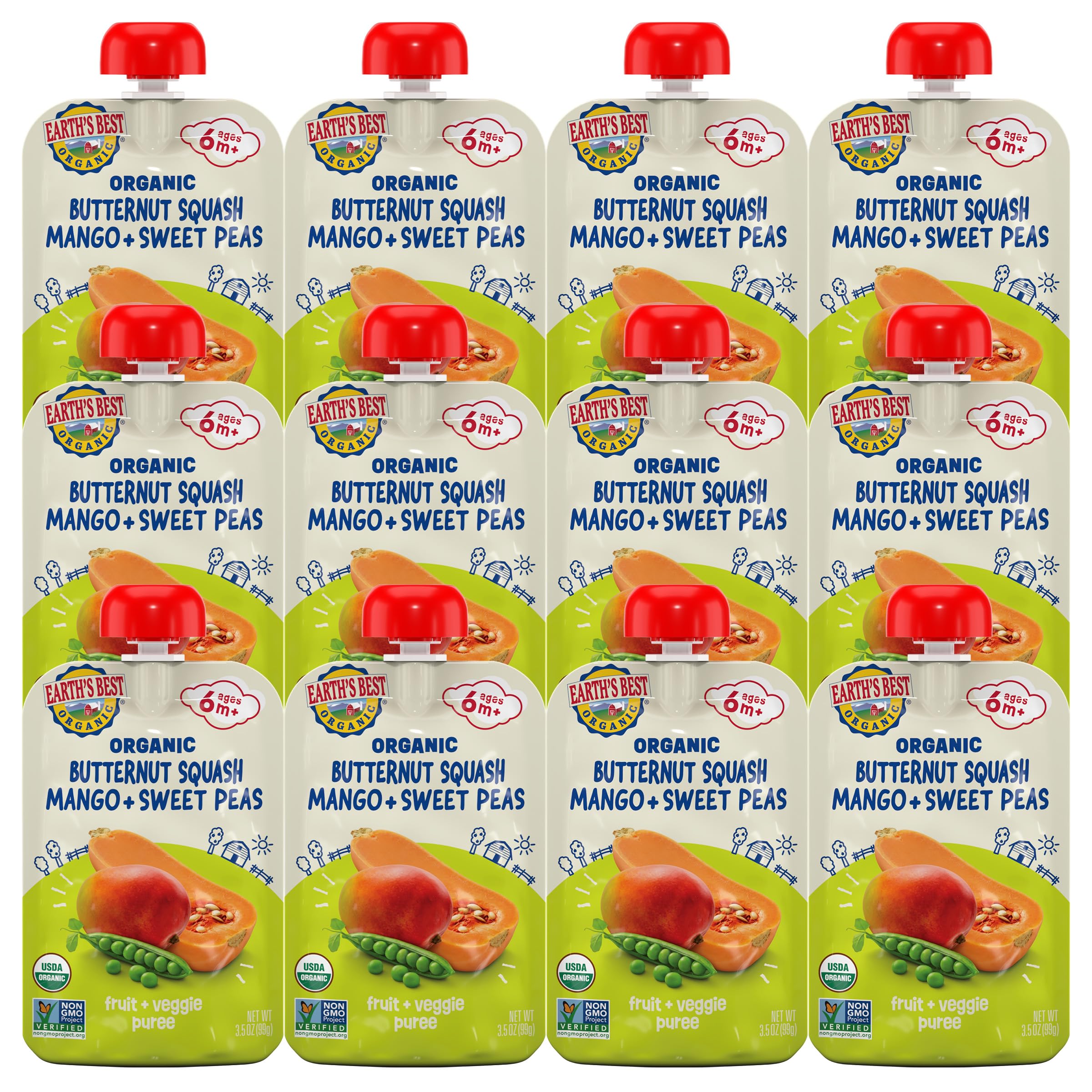 Earth's Best Organic Butternut Squash, Mango and Sweet Peas Puree Pouch 3.5oz (Pack of 12)
