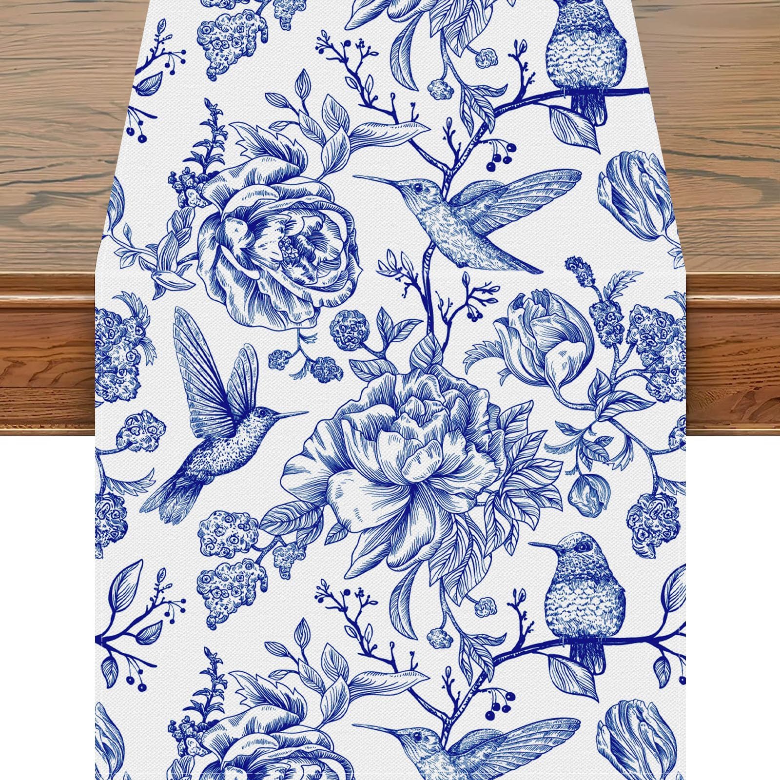Runner Da Tavola Chinoiserie Lino 33x182 Cm - Motivo Uccelli E Fiori Per Dining Elegante - Foto 4