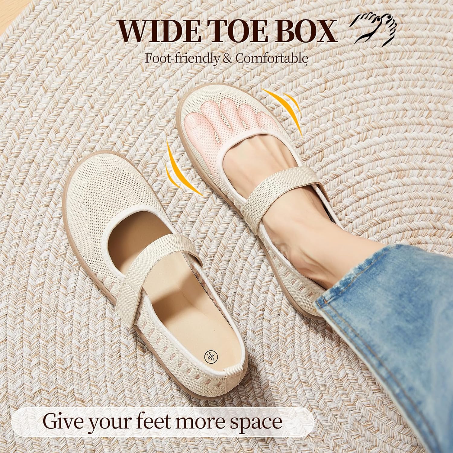 Waluzs Wide Toe Box Flats Shoes Women Knit Ballet Flats Mary Jane Dress Flat Wide Width Walking Shoes Slip-on with Strap - Image 5