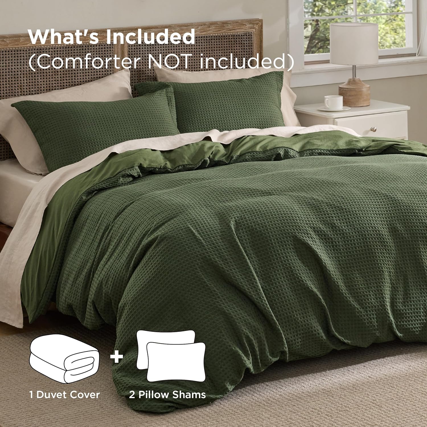 Bedsure Luxury Waffle Duvet Cover Queen Size - Textured Duvet Cover Set, Soft, Breathable Bedding Set (90"x90") with 2 Pillow Shams for All Season, Olive Green, Comforter Not Included - Image 6