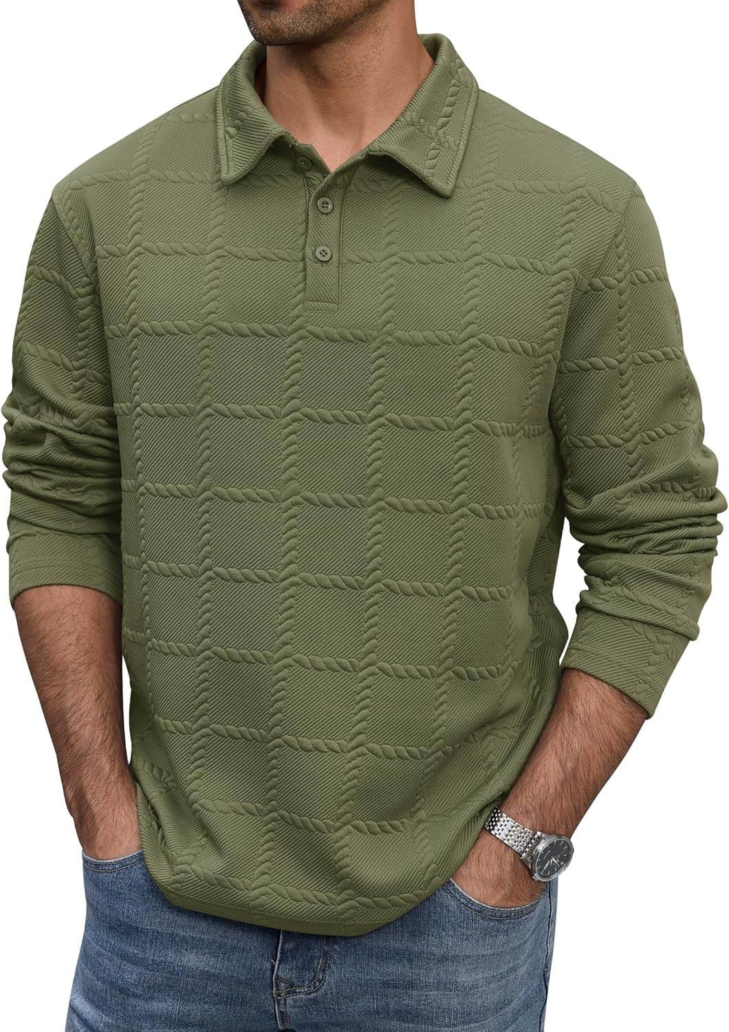 Men's Textured Polo Shirt Cable Knit Long Sleeve Button Down Pullover (S-XXL)