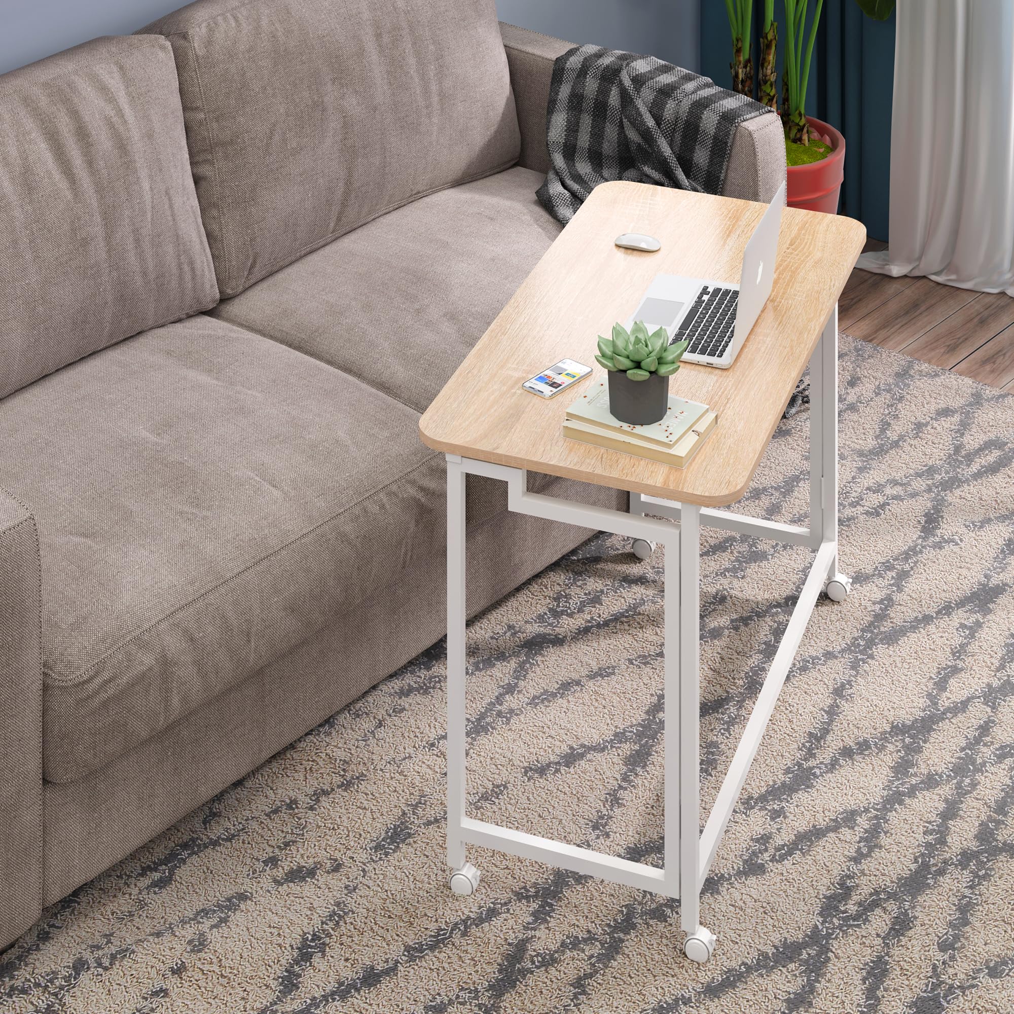 Escritorio móvil pequeño para computadora de 27.5 pulgadas, mesa plegable para computadora portátil con ruedas, escritorio de oficina portátil para sofá cama de espacio pequeño, color natural y 3