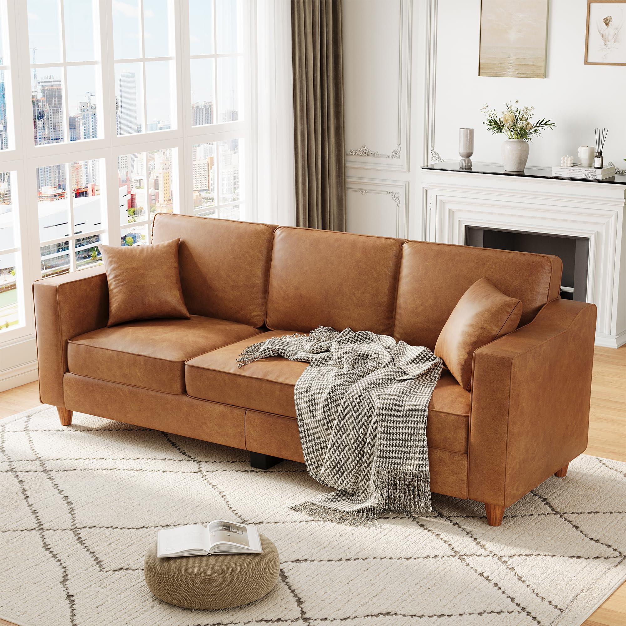 Photo 1 of ***Partial Set*** ***Only Box 3*** Garvee 85 Inches 3-Seater Sofa Couch with 2 Throw Pillows, Faux Leather Couch with Wide Armrests, Wood Legs, Deep Seats, Back Cushion, Sturdy Support Feet, Sofa Couches for Living Room, Office, Brown