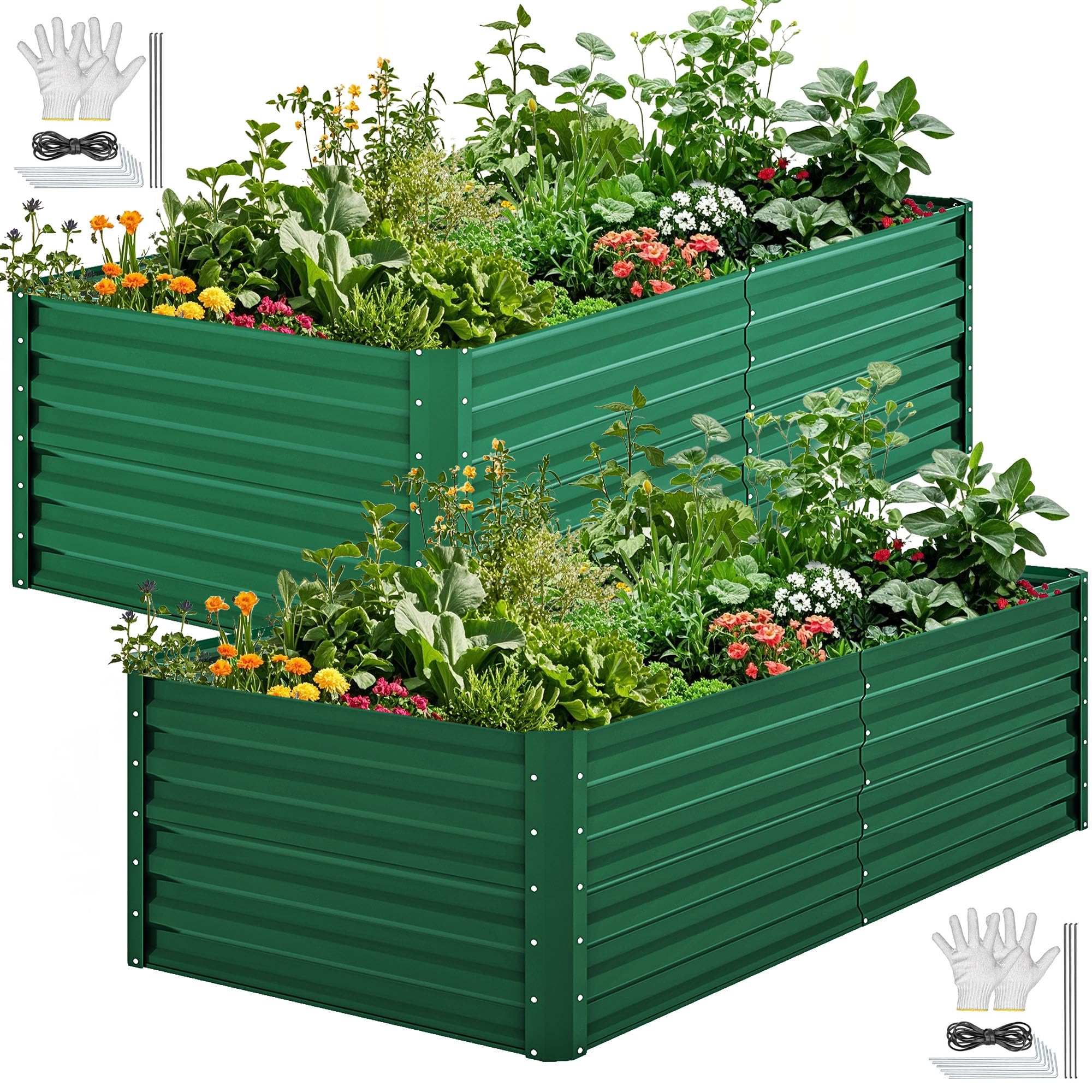 DWVO Raised Beds for Garden,1550L Raised bed Metal,0.35mm Galvanised Steel galvanised planter with Safety Edging&4pcs Support Rod for Garden Vegetables Fruit(2X Green 240X120X54CM) — image 1