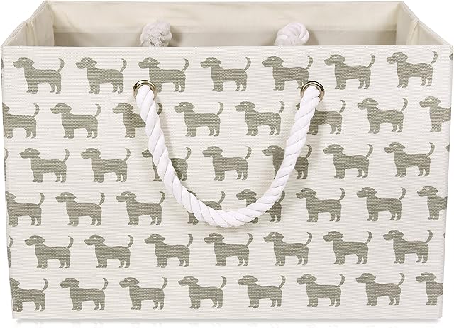 Foldable White Canvas Storage Basket - Rectangle Fabric Basket with Grey Dog Pattern  Perfect for Household Storage, Fabrics or Toys. Size: Width 42cms x Depth 32cms x Height 28cms