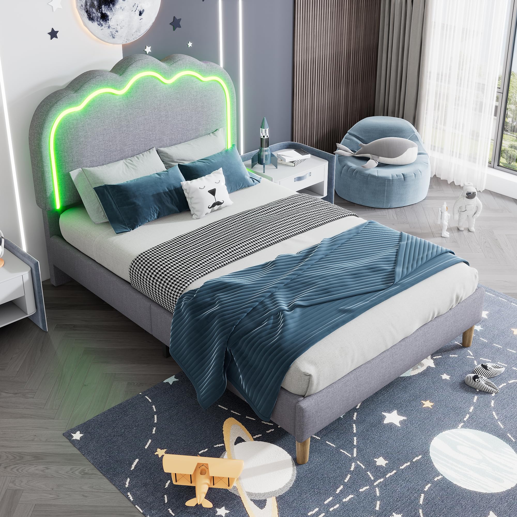 FammyLoft 3ft Single Beds in Linen, Upholstered Bed Frame with Puff Shaped LED Headboard, Kids Bed with Adjustable Headboard, Teen Beds for Bedroom and Guest Room, 90 * 190cm, Grey(No Mattress)