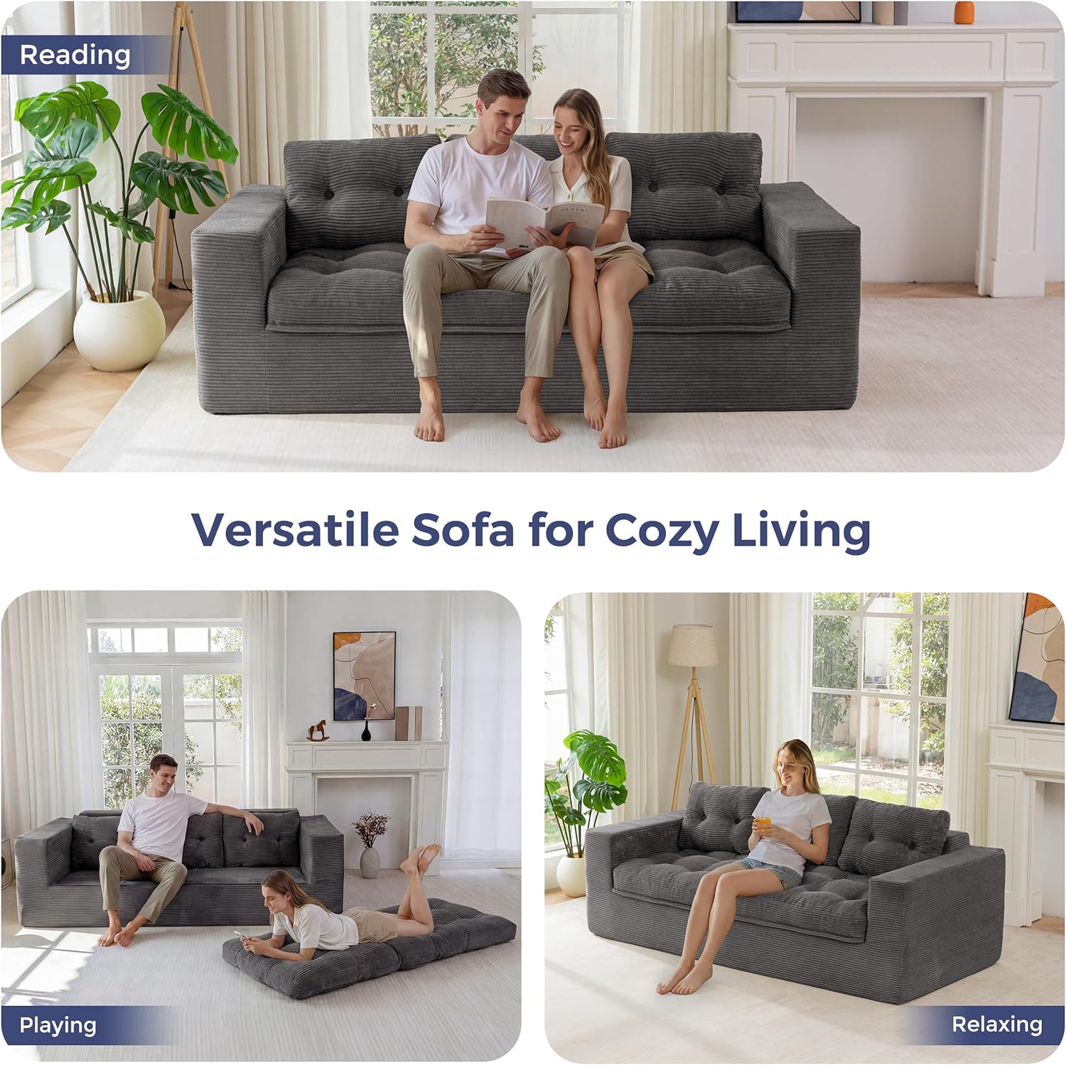 MAXYOYO 79" Loveseat Sofa Couch for Small Spaces, Upholstered Boneless Cloud Couch for Apartment Bedroom, 3-Seater Love Seat Floor Modern Sofa with Pillows, No Assembly Required, Dark Grey