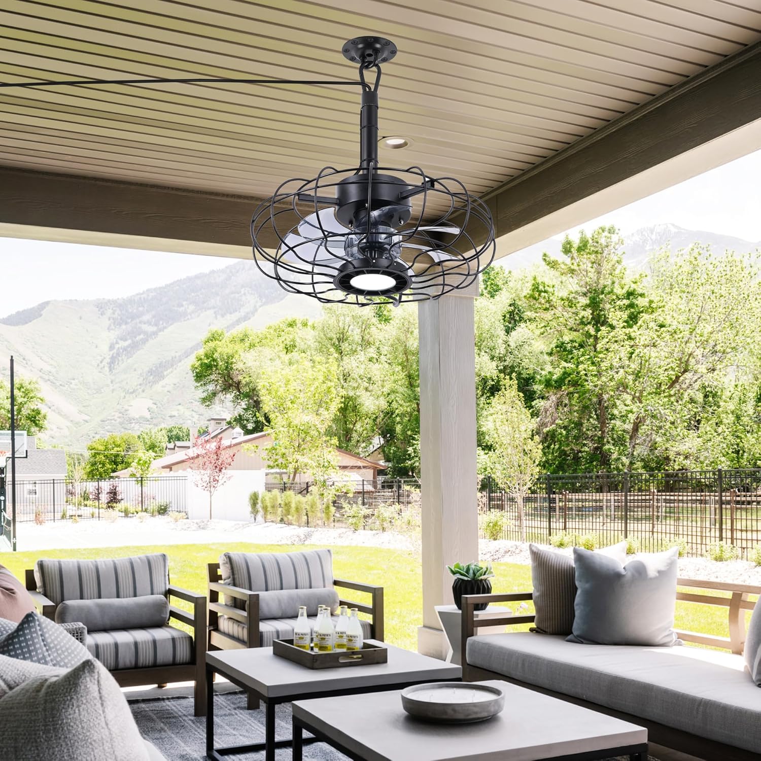 15" Outdoor Ceiling Fans with Lights and Remote,Black Waterproof Gazebo Fan, Plug in Ceiling Fan with 3 Color LED Light, Portable Hanging Gazebo Fans with Plug in Cord Hook for Patios