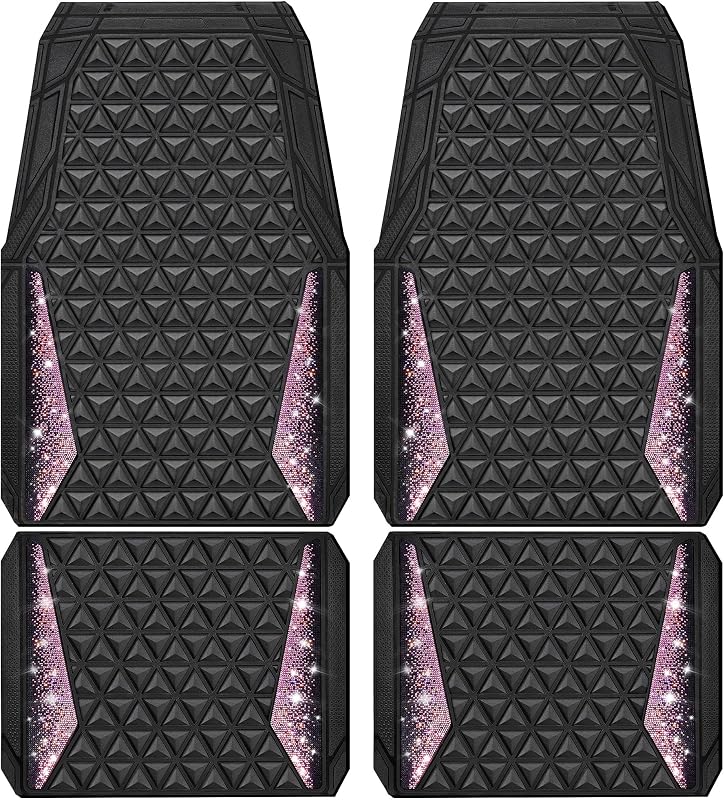 Tapetes Automotivos de Borracha com Detalhes de Diamante CAR PASS Preto e Rosa, Ajustáveis, Kit com 4 Peças