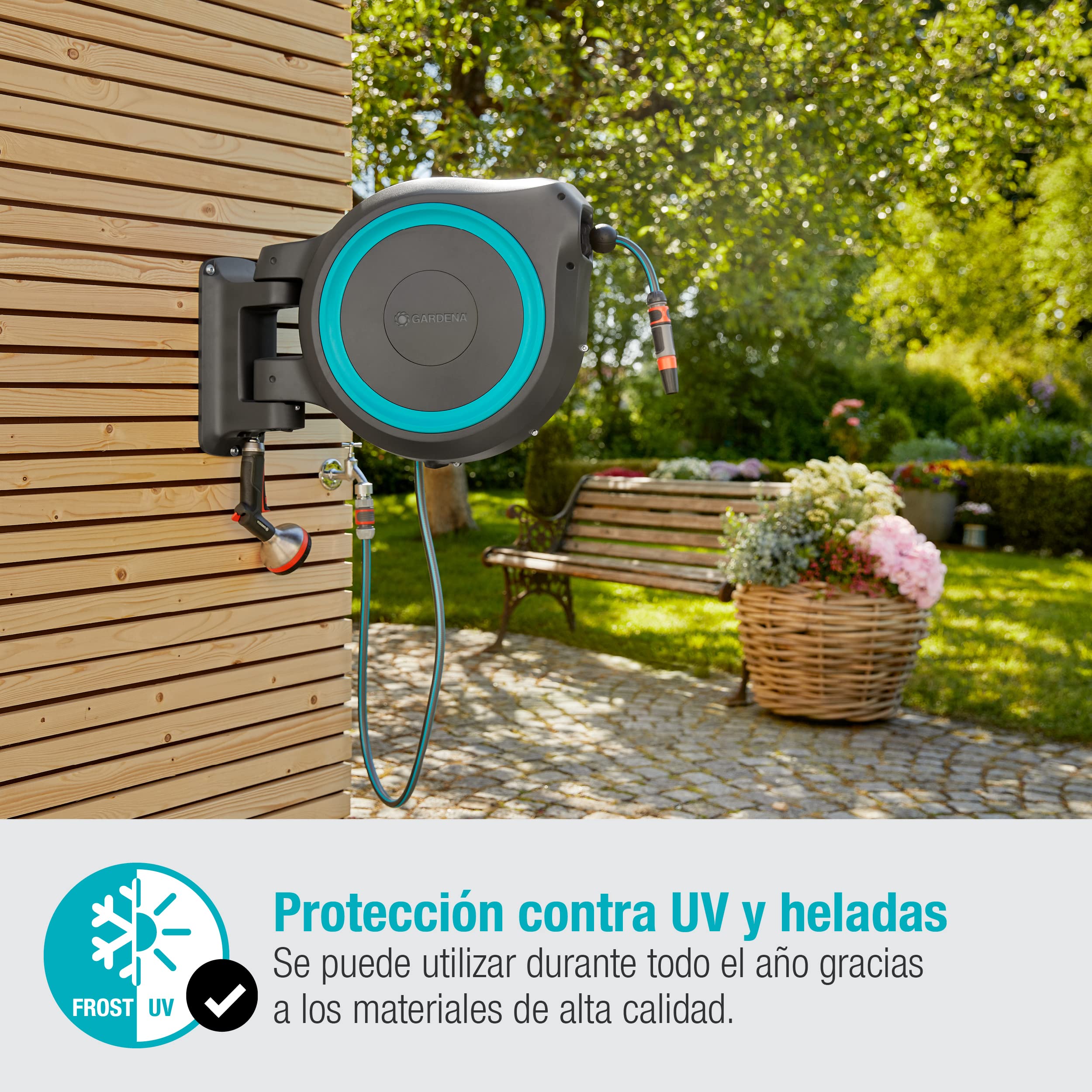 Gardena Carrete de Manguera para Pared Rollup M/L (Turquesa) de 25 M: Riego Flexible Jardines Grandes/Medianos, Carrete Giratorio, Incluye Manguera Calidad Gardena 25M y Auxiliar de Montaje (18620-20)