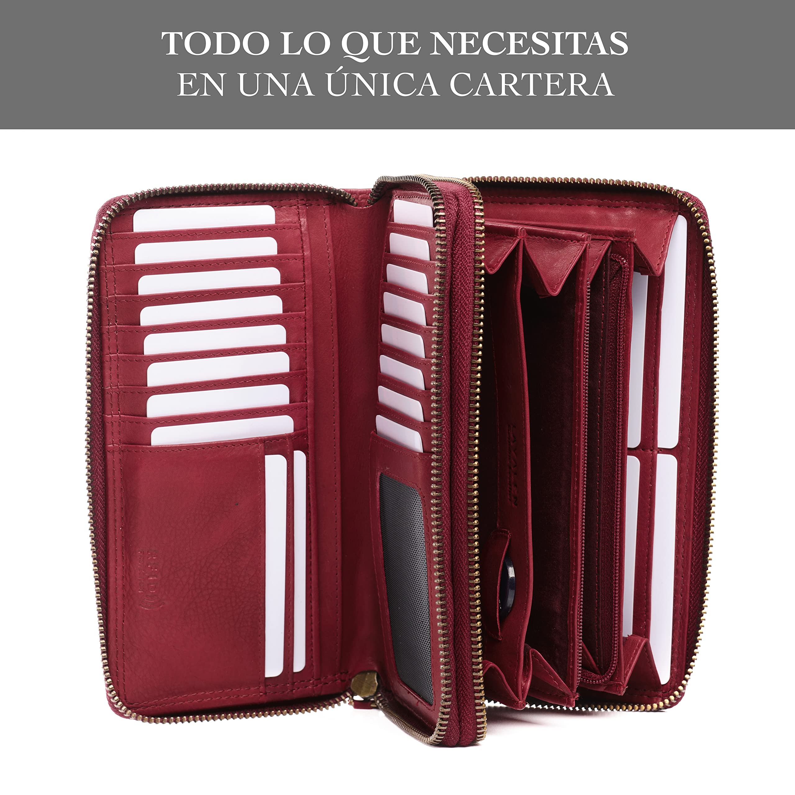 Carteras de piel de para mujer, gran espacio, cartera grande de piel con protección RFID, elegante billetera para mujer, regalo de flor roja